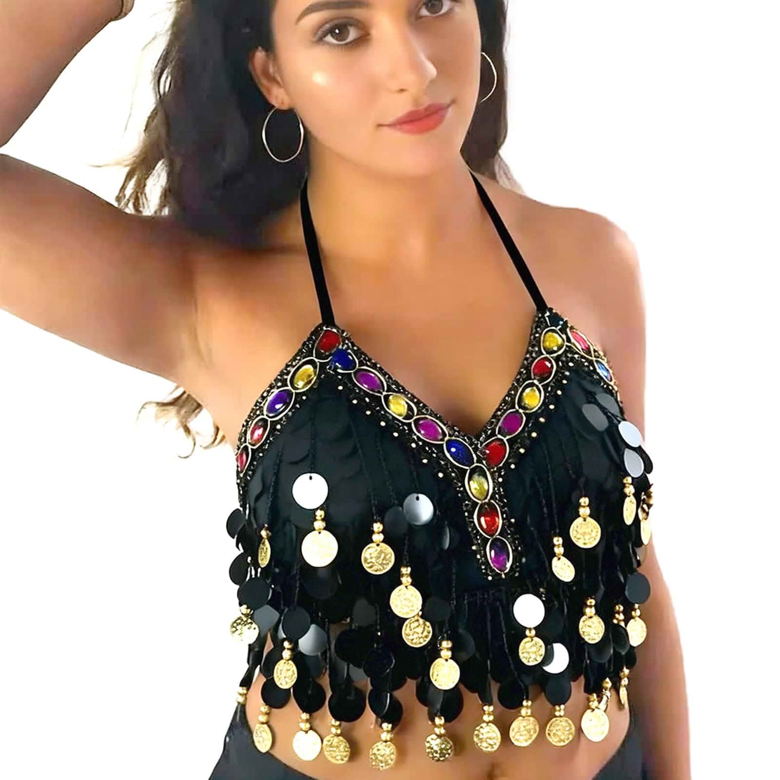 Wuchieal Sequin Halter Bra Top Salsa Belly Dance Boho Festival Clubbing Tribal Bra BH Top