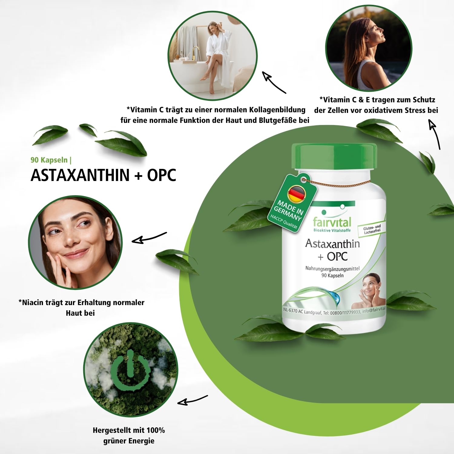 fairvital Astaxanthin + OPC, 90 Kapseln, mit OPC, Astaxanthin, Acerola mit Vitamin C, Nicotinamid (Vitamin B3) und Vitamin E, qualitätsgeprüft und hochdosiert, 100% vegan, Made in Germany