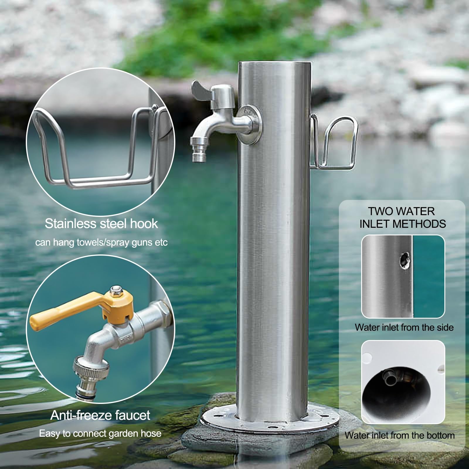 Colonna d'acqua da giardino autoportante – Rubinetto in acciaio inox e dispenser d'acqua a forma di idrante sistema di irrigazione per irrigazione 10,5 x 218,4 cm – fontana esterna