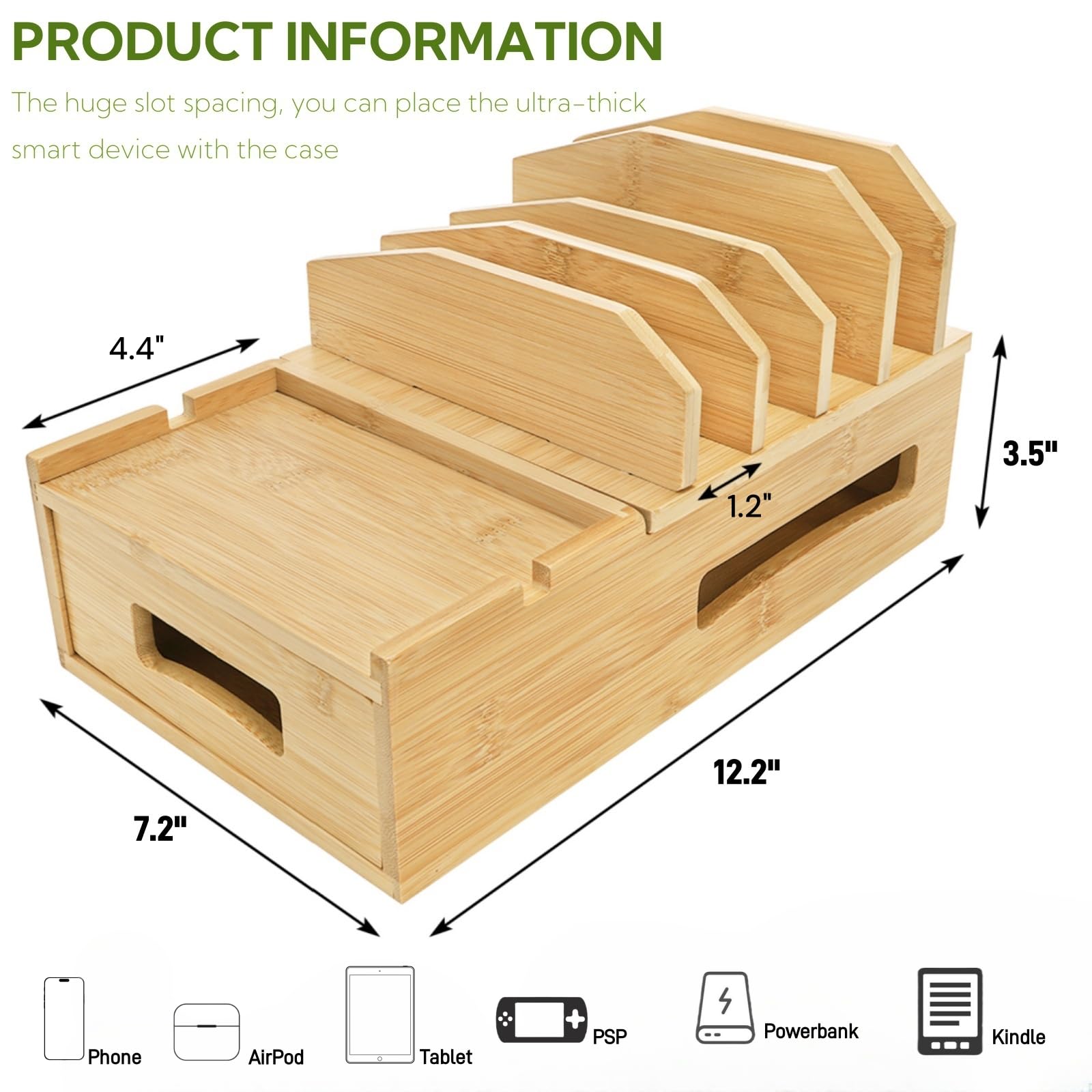 ZOOFOX Stazione di ricarica in bambù per più dispositivi, docking station da scrivania con scomparti divisori rimovibili e cassetto, stazione di ricarica da comodino compatibile con smartphone, tablet