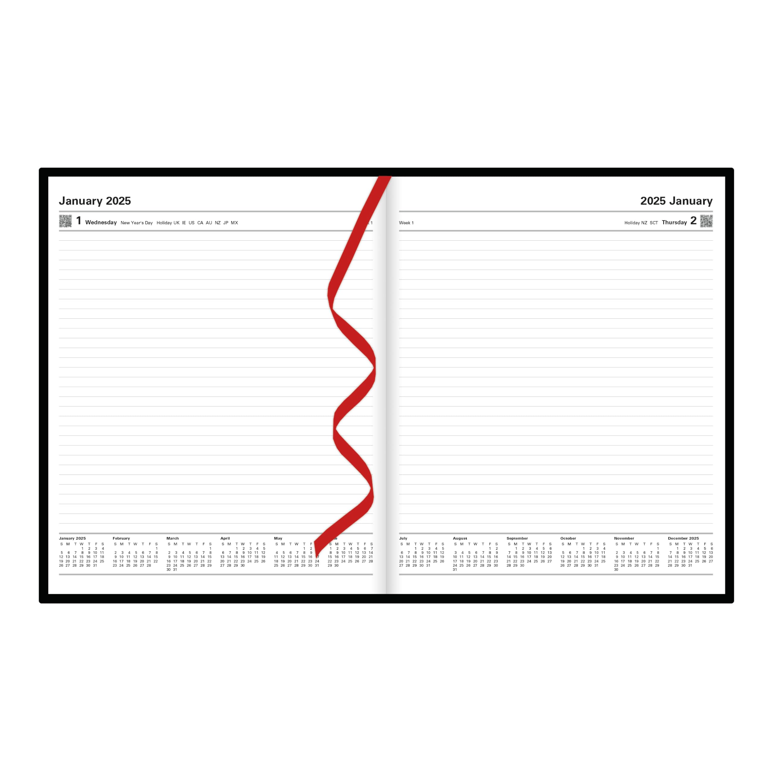 Letts of London - Agenda giornaliera standard 2025, lunghezza 26 cm, colore nero, materiale per ufficio e scuola