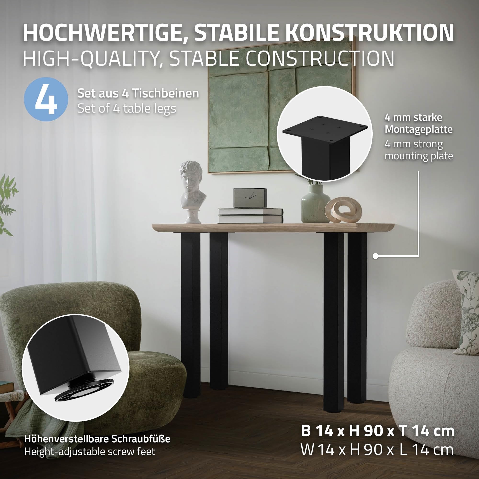 ML-Design Juego de 4 Patas de Mesa 90cm Negro Brillante de Acero con Recubrimiento en Polvo, Perfil 8x8cm, Pies Regulables en Altura 1-4 cm para Muebles, Mesitas de Centro, Bancos o Aparadores