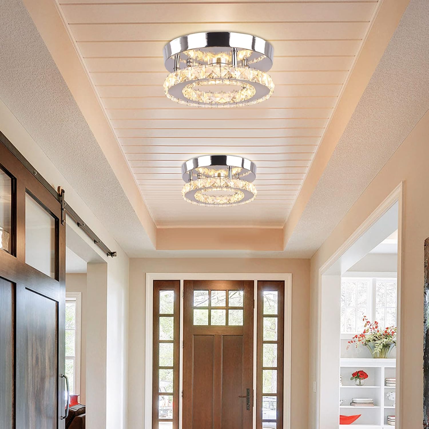 Modern Mini Led Crystal Chandelier Semi Flush Mount Crystal Pendant Ceiling Light for Bedrooms Dinning Rooms Hallway (Multicolor)