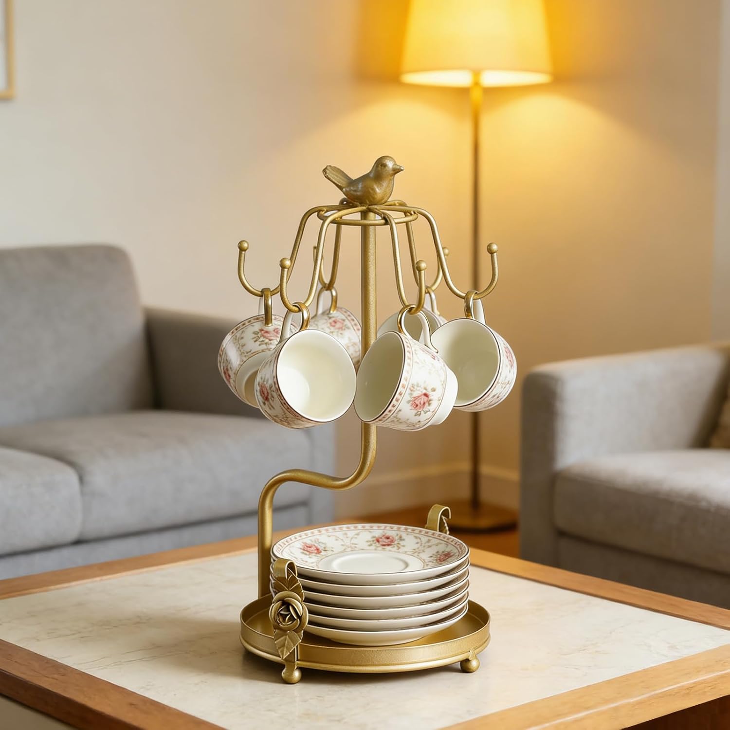 Coffee Mug Tree, Coffee Cup Holder for Countertop with 6 Hooks, Tea Cup Holder with Small Storage Area Metal Mug Rack Display for Counter Top Kitchen Organizer,Gold