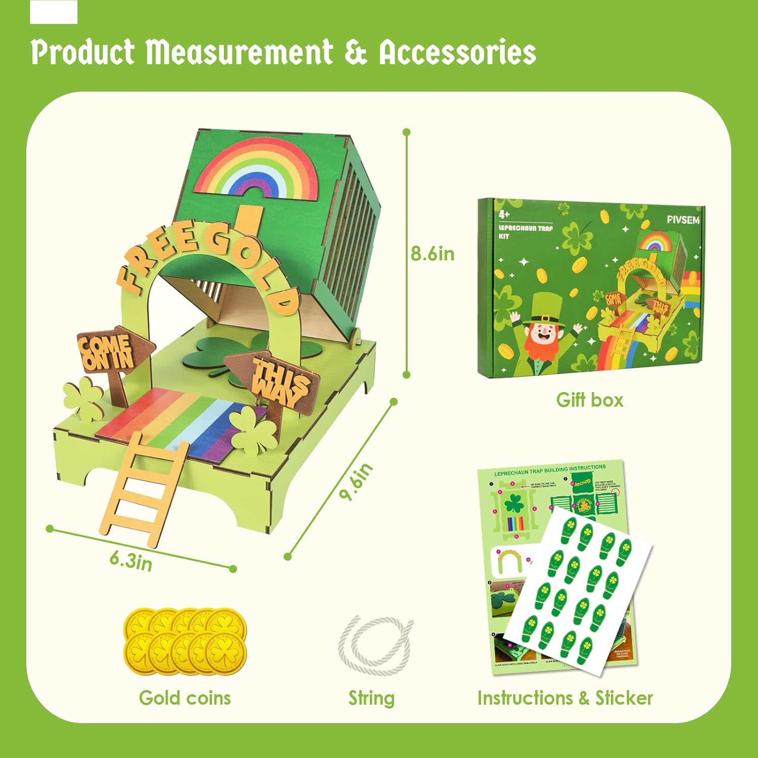 Pivsem St Patricks Day Wooden Leprechaun Trap Kit for Kids, DIY St Patricks Day Crafts Leprechaun Trap Supplies for Class