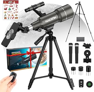 Teleskop für Kinder & Einsteiger, NACATIN 70mm Öffnung Astronomisches Refraktor Teleskop mit Stativ, Handy-Adapter, Fernbedienung (Grau)