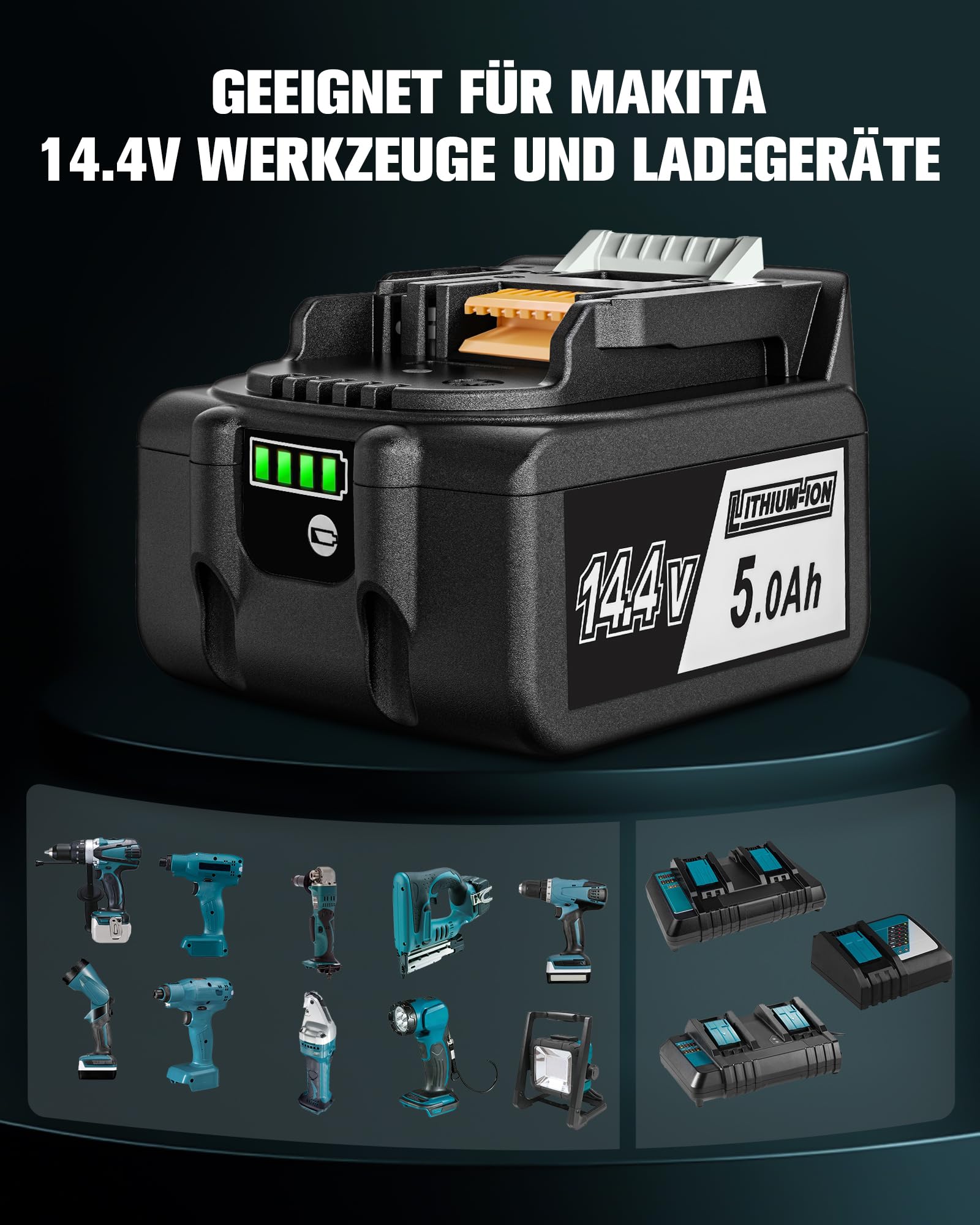 2X 14.4V 5000mAh Li-ion Ersatz für Makita Akku BL1450 BL1440 BL1430 BL1415 BL1415N mit LED-Anzeige mit Batteriedeckel