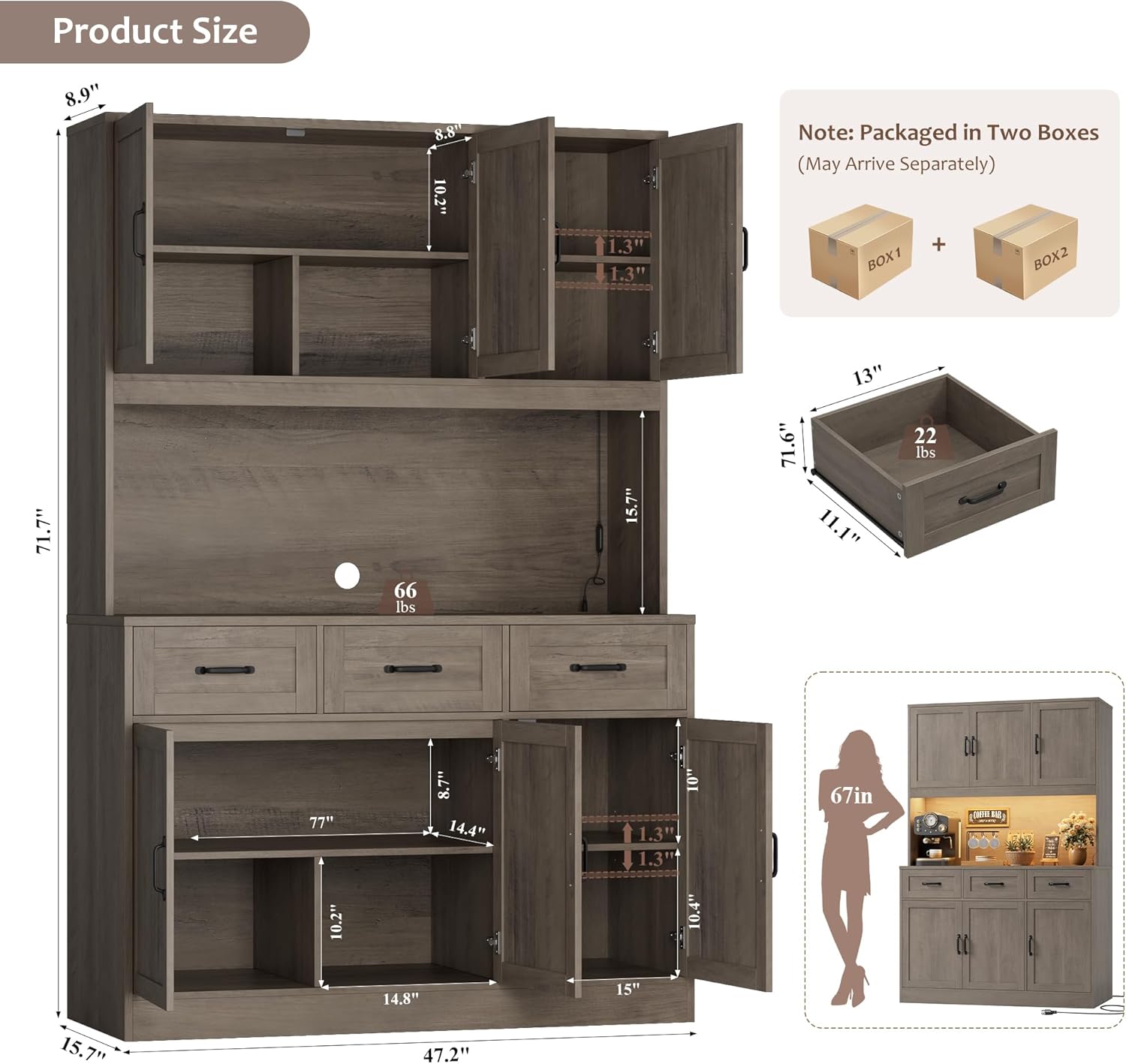 HOSTACK 72" Tall Kitchen Pantry Cabinet with Charing Station | LED Lights, 47" W Kitchen Pantry Storage Cabinet with Countertop, Modern Kitchens Hutch Cabinets with Storage for Dining Room, Ash Gray