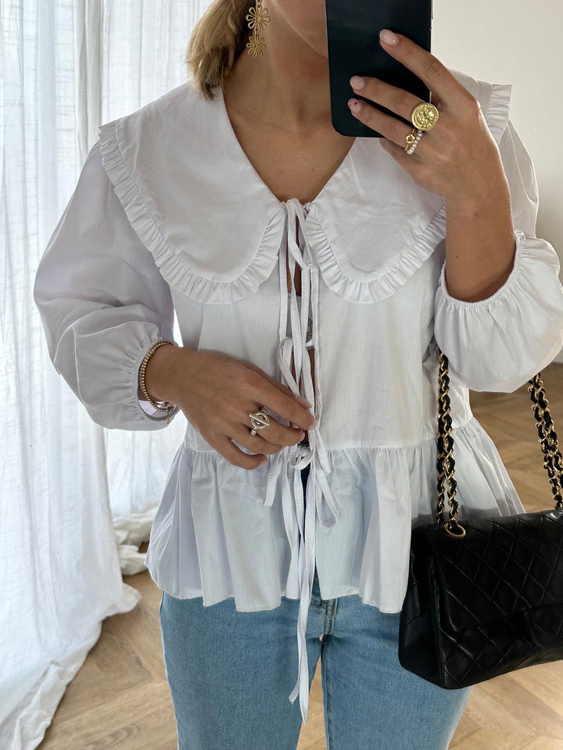 Women Lapel Doll Collar Blouse Puff Sleeve Pleated Tie Front Peplum Shirts Summer Cute Babydoll Tops - Image 6