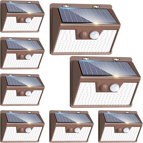 Miniatura 17 de Peasur Luces solares con sensor de movimiento para exteriores, paquete de 2 140 luces LED para valla, impermeable, marco blanco, iluminación de