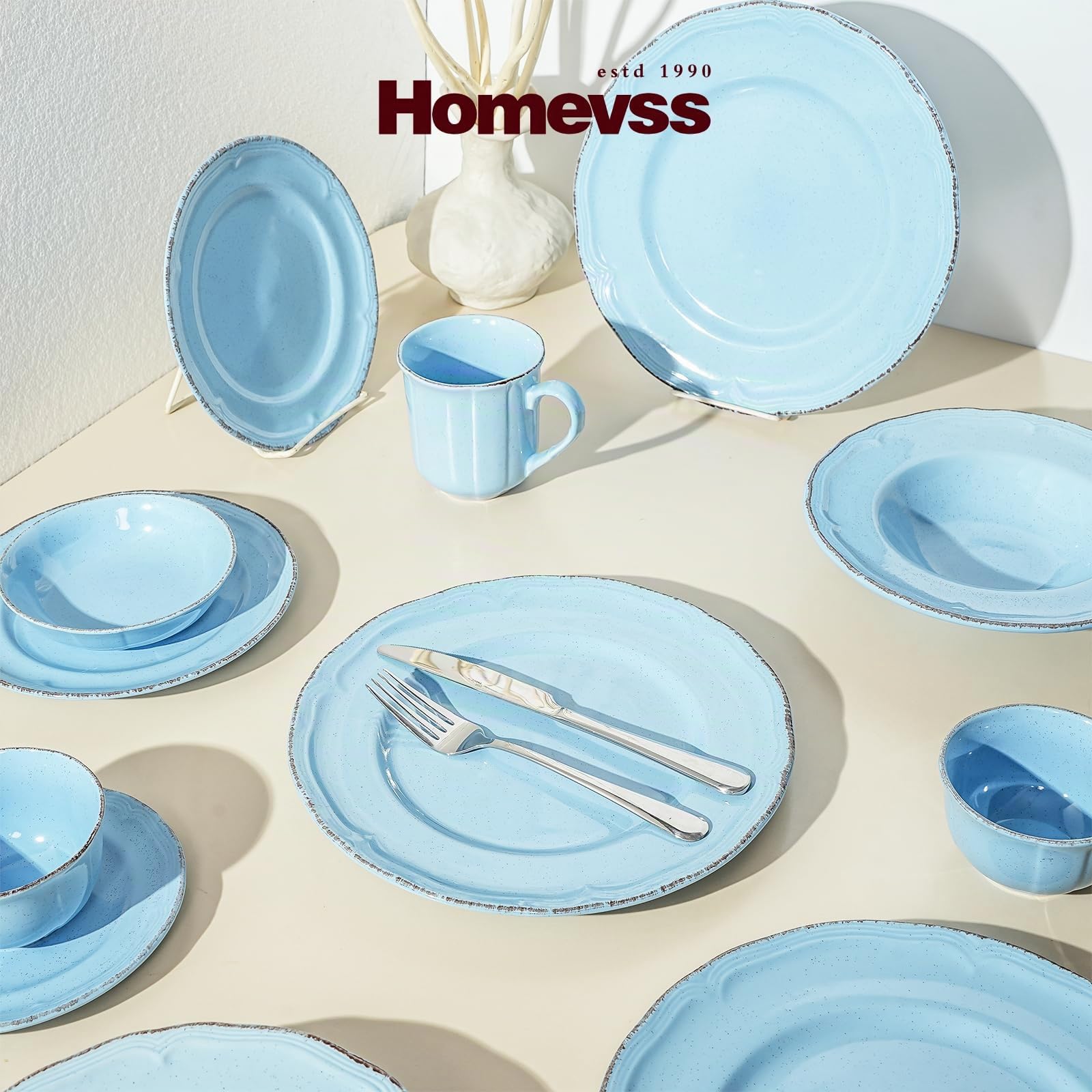 Service de table 20 pièces en grès pour 4 personnes, résistant aux rayures, motif campagne française mouchetée (Blue)