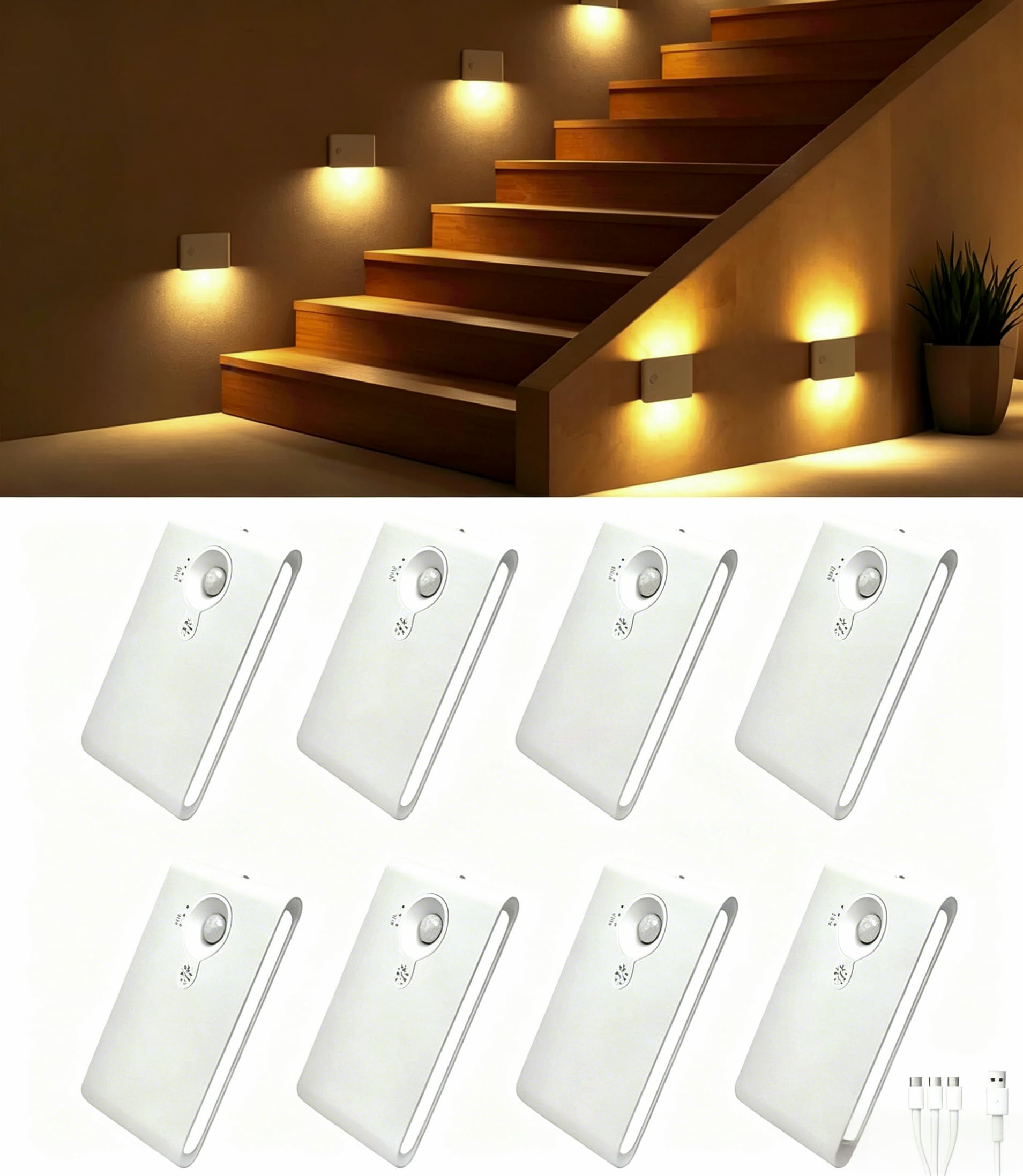 8 pièces Veilleuse LED rechargeable capteur mouvement, lampe ronde réglable pour enfant 4 modes, aimantée sans fil, éclairage escalier pour escalier couloir chambre salle de bain