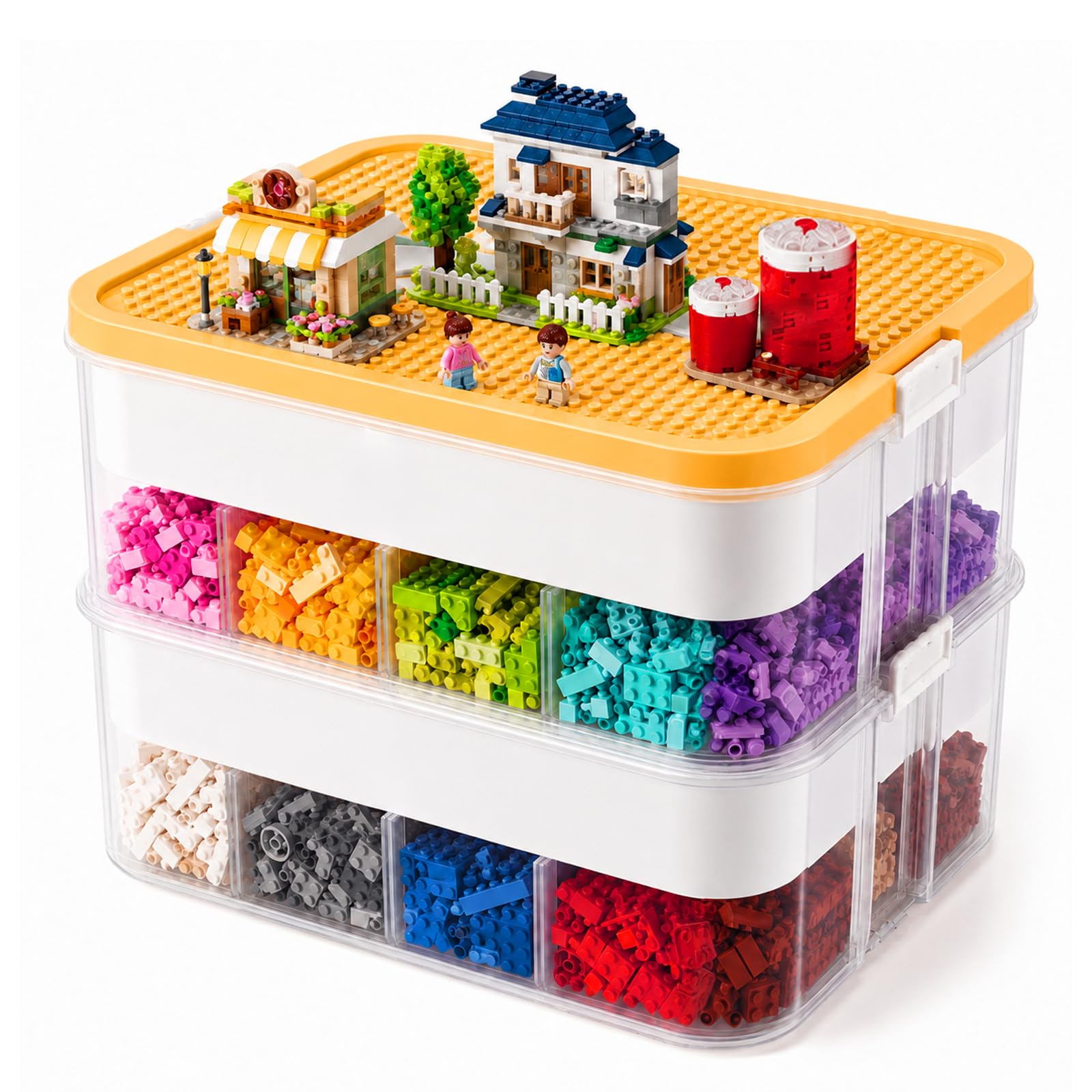 BREEZENEST 3-Tier Blocks Organiser with Lids Stackable Blocks Storage Box with Adjustable Compartments White Minimalist Design for Building Bricks, 33x33x34cm (2 Tier Yellow)