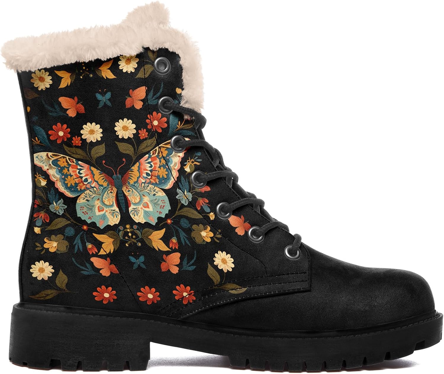 Boho Women’s Winter Boots with Floral Butterfly Prints, Slip-Resistant, Warm & Comfortable Cold Weather Snow Footwear