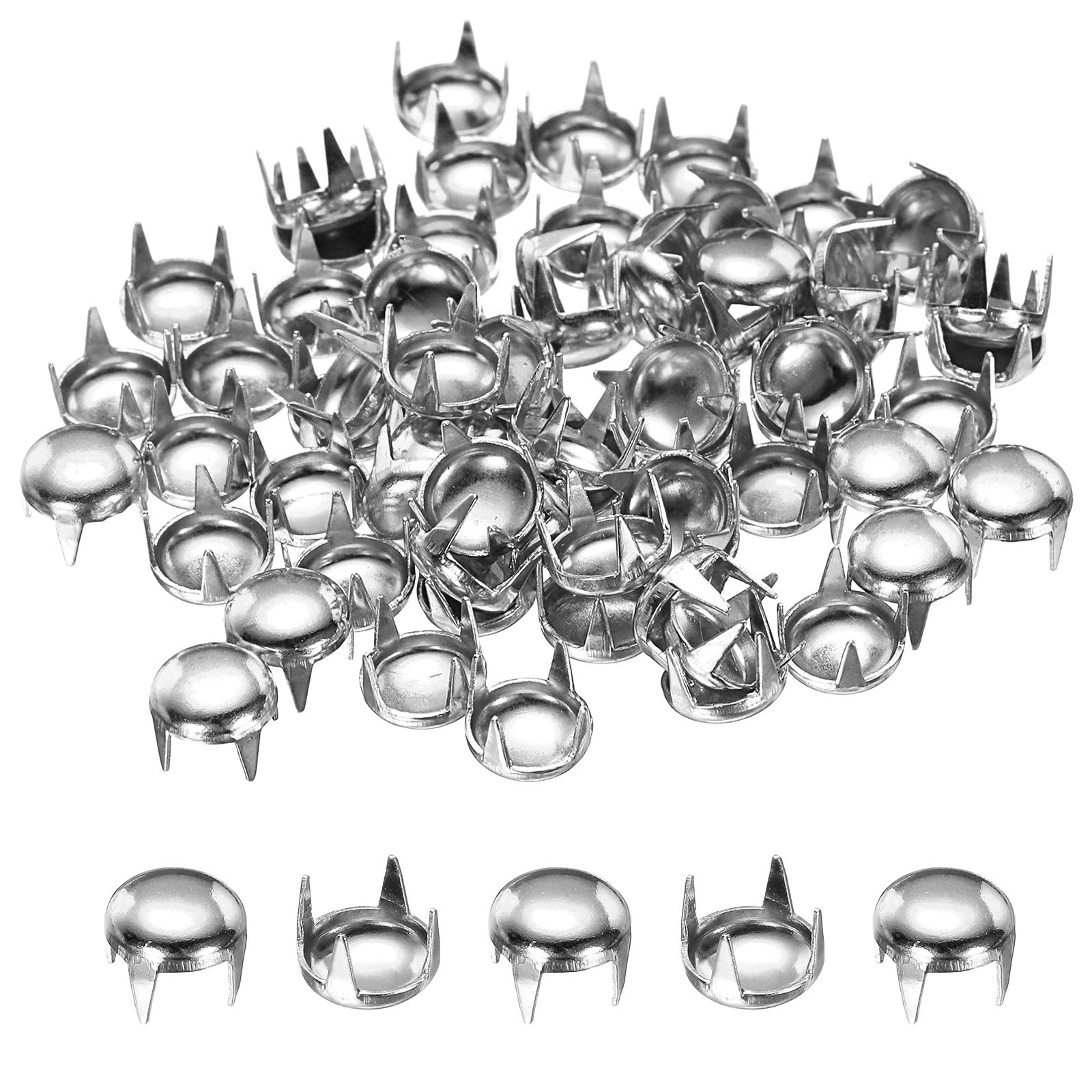 sourcing map 85pcs Round Dome Rivets 6mm Copper 4 Claw Rivet Metal Spike Studs Spots Punk Rock for Leather Craft Clothes Belt Bag Shoes Bracelet Accessories, Silver