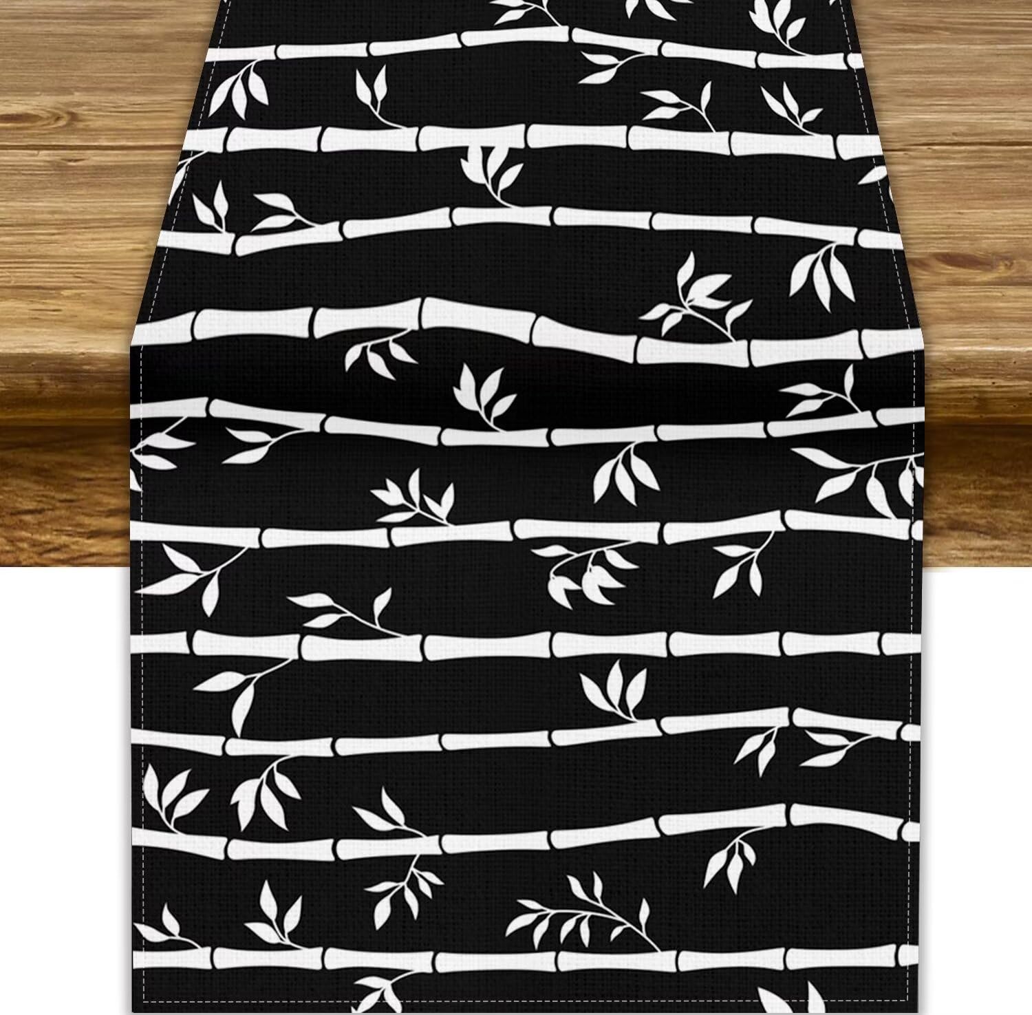 Bamboo Print Table Runner, Chinese Traditional Ink Black White Bamboo Art Printed Dinner Table Decoration for Home Living Room Kitchen Dining Room 13x36in