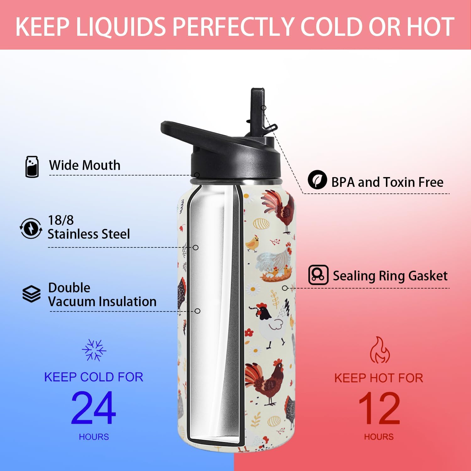 32oz Chicken Stainless Insulated Aater Water Bottle with Straw Gym Hiking Sports Coffee Mug Cup Water Bottles,Chicken Gifts for Women,Chicken Decor Stuff Accessories