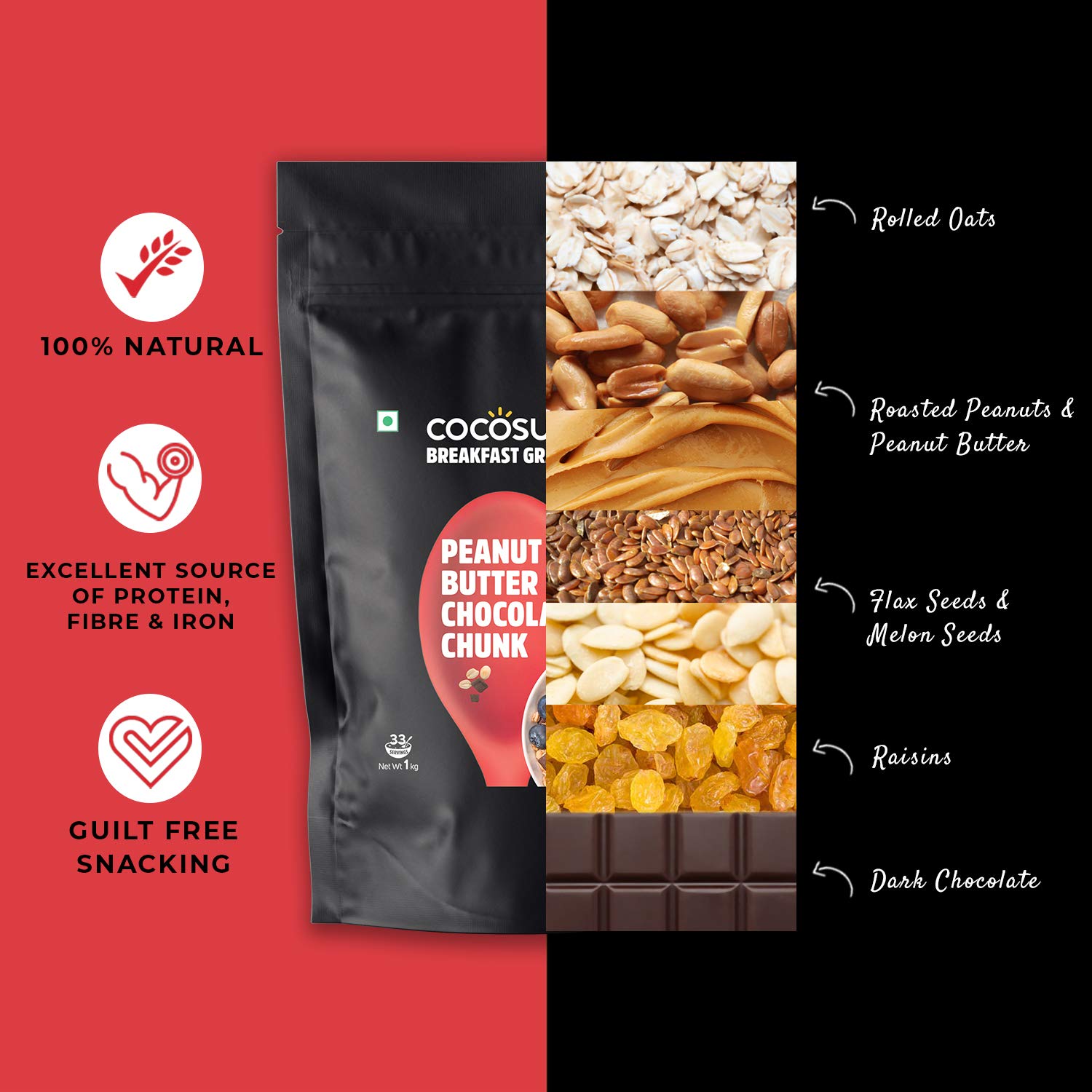 COCOSUTRA Peanut Butter Chocolate Chunk Breakfast Granola 1 kg | 100% Natural, Vegan & Gluten Free | High Protein Cereal with Oats, Nuts, Seeds and Dry Fruits | Lightly sweetened with Jaggery 1