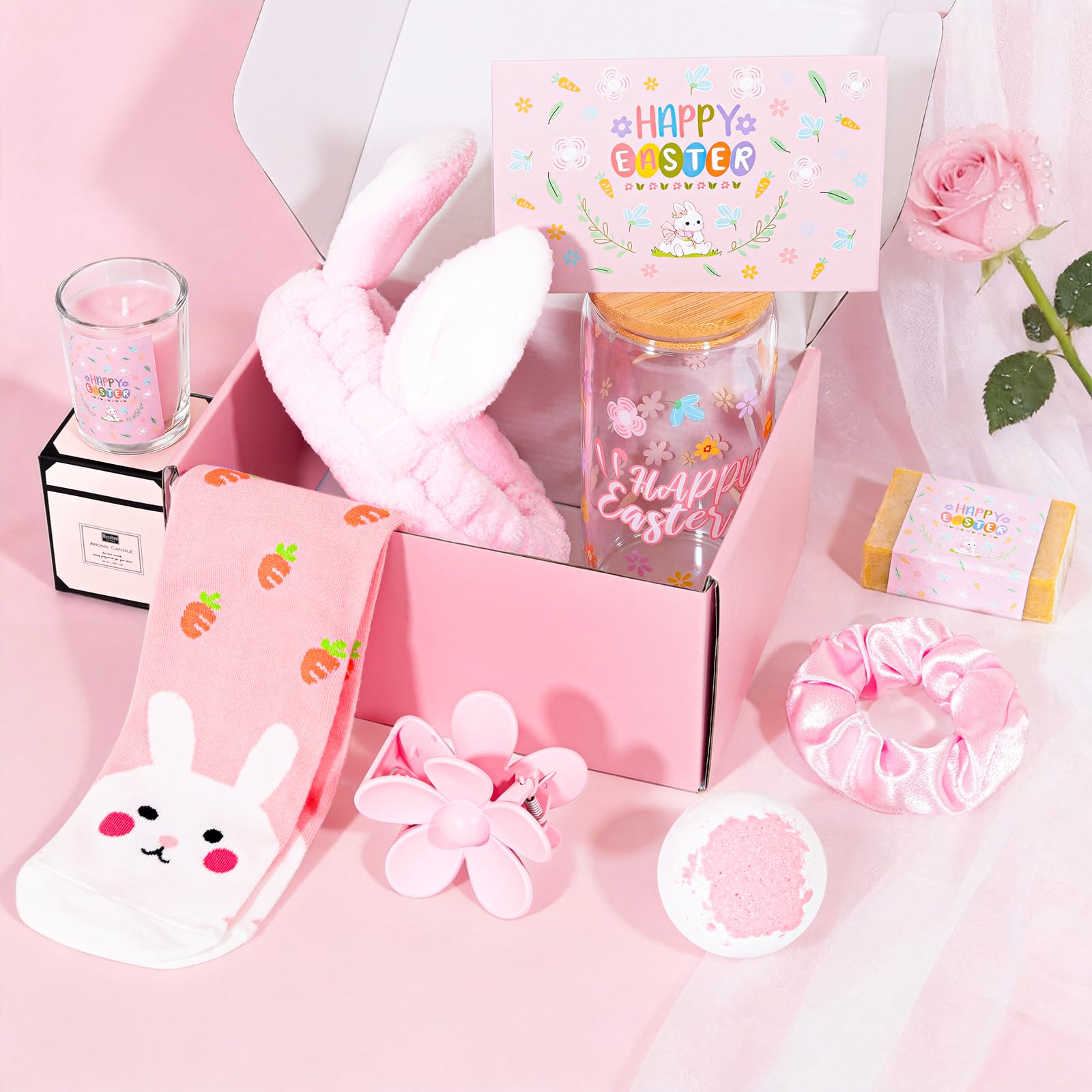 Honxicur Easter Gifts Set for Women Sister Teens Adults Stuff, Easter Basket Stuffers with 16oz Glass Cup, Scented Candles, Headband & Socks, Self Care Gifts for Women