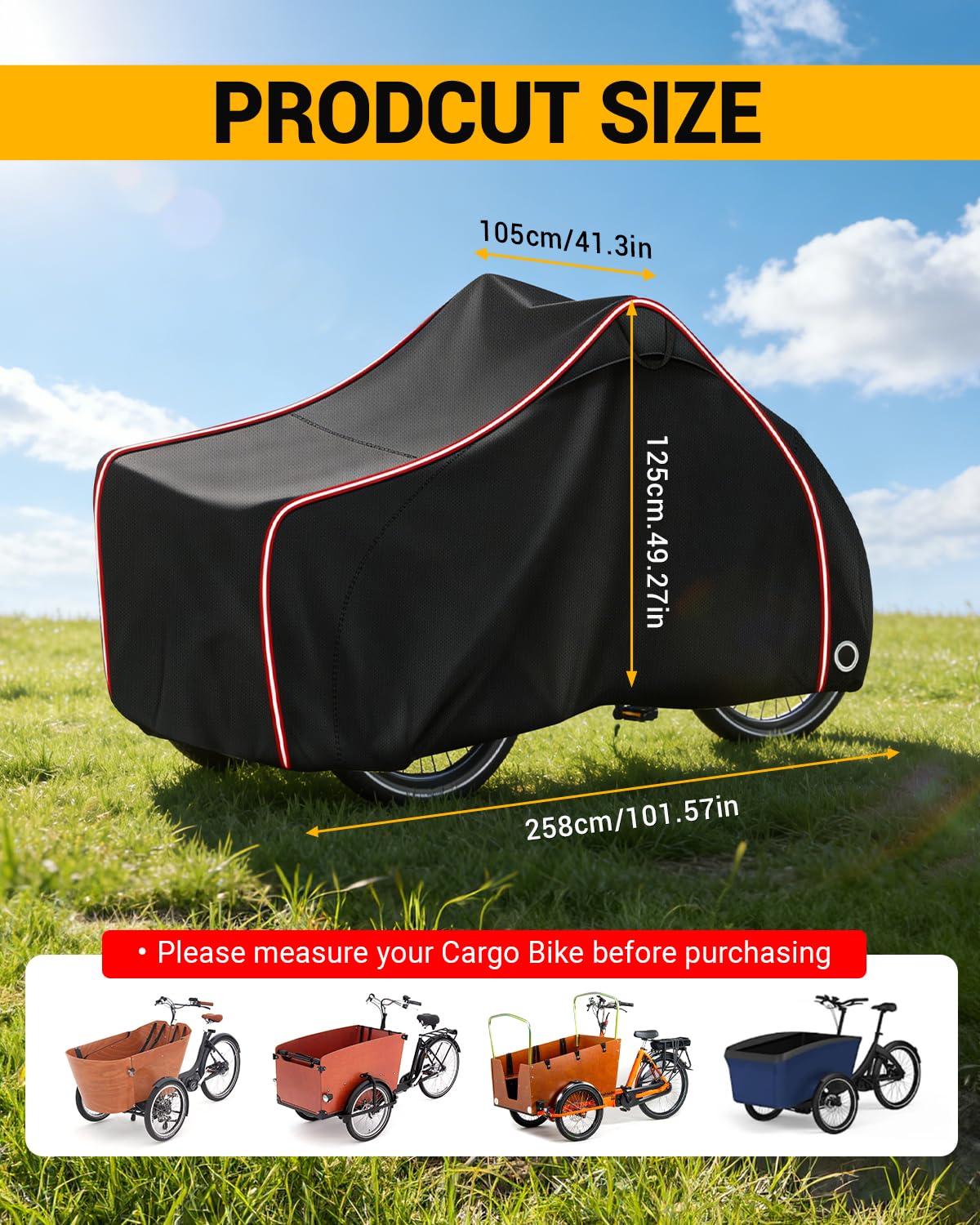 Copri Bici Cargo Copertura per Bicicletta Cargo Telo Copri Bicicletta da Esterno con Strisce Riflettenti 420D Oxford Protezione UV per Bici da Carico a 3 Ruote 258 x 105 x 125cm