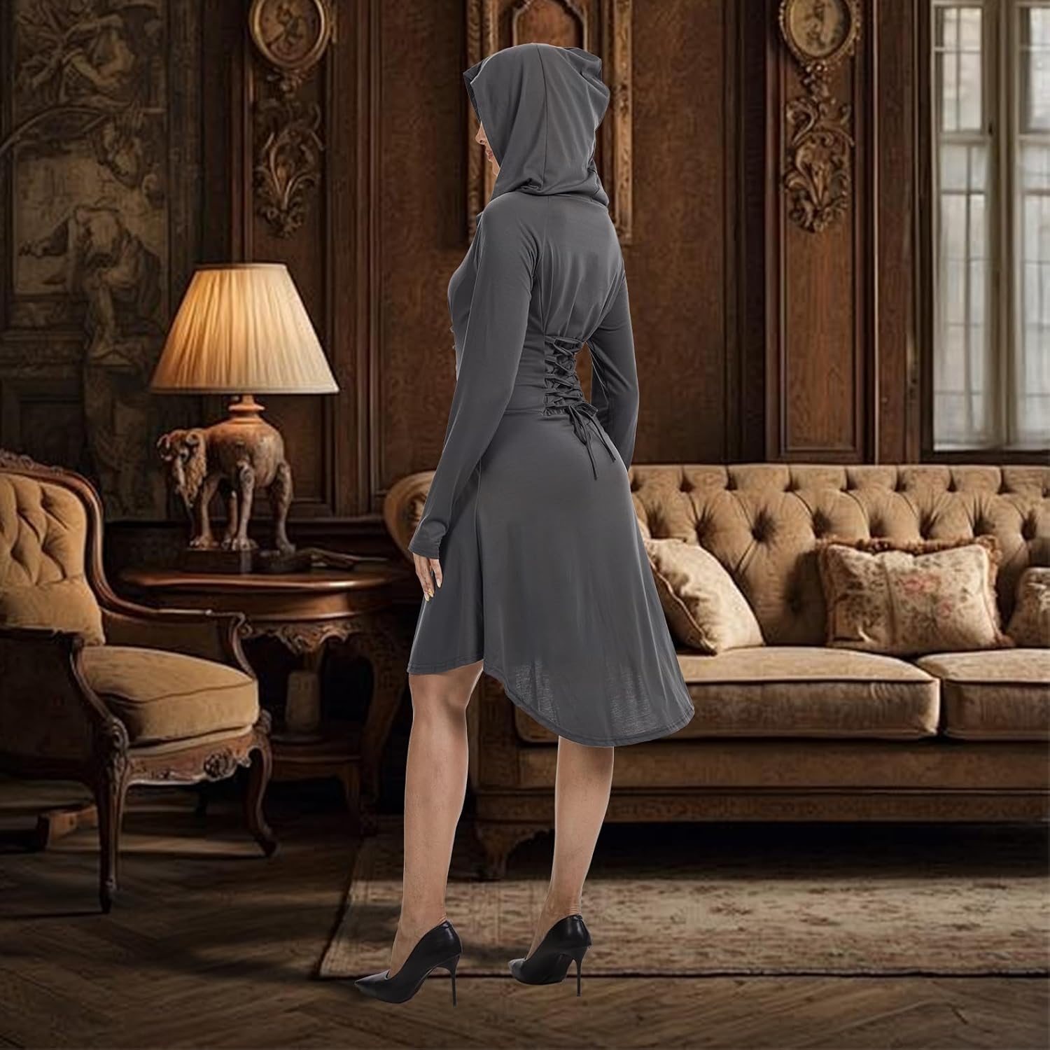 Womens Renaissance Costumes Halloween Costume for Womens Medieval Vintage Hooded Costume High Low Pullover Dress - Image 6