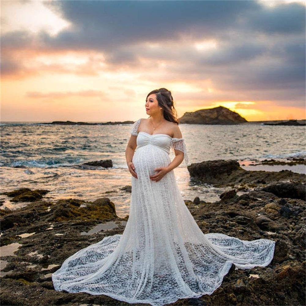 Summer Lace Maternity Dress for Photoshoot Clothes Props Off Shoulder Flying Sleeve Plus Size Robes Gowns Pregnancy Dresses - White||XL