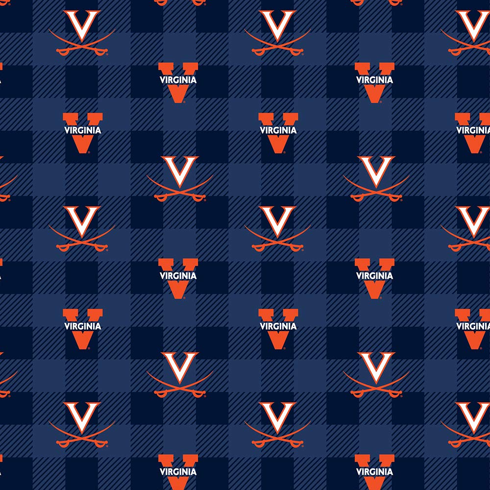 SYKEL ENTERPRISES University of Virginia Fleece Blanket Fabric-Virginia Cavaliers Fleece Fabric with Buffalo Plaid Design