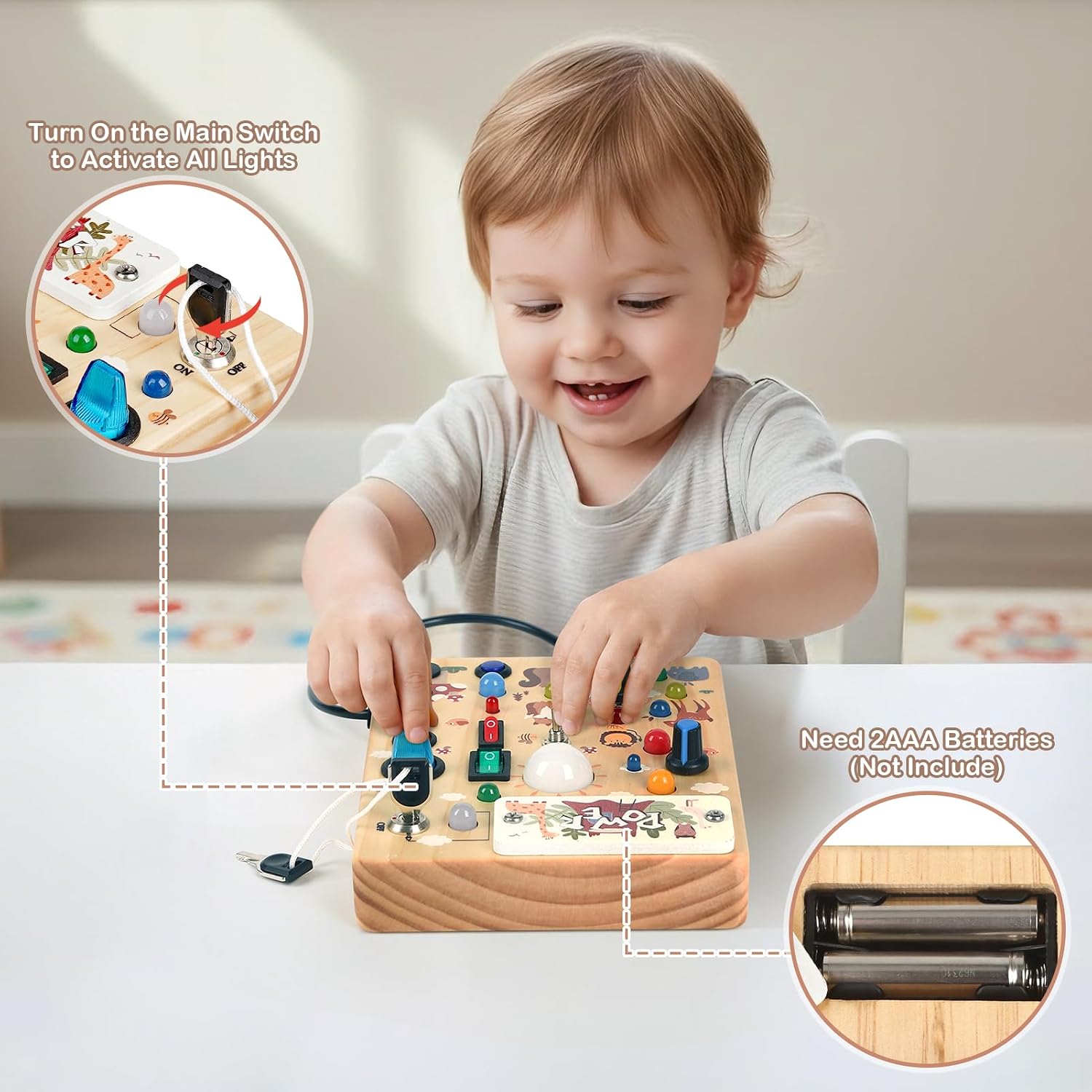 LED Busy Board for Toddlers 1-3,Montessori Toy with Key Switch, Light Up Wood Activity Sensory Board for Fine Motor Skills, Educational Travel Toy Gift for 1 2 3 Year Old Boys Girl