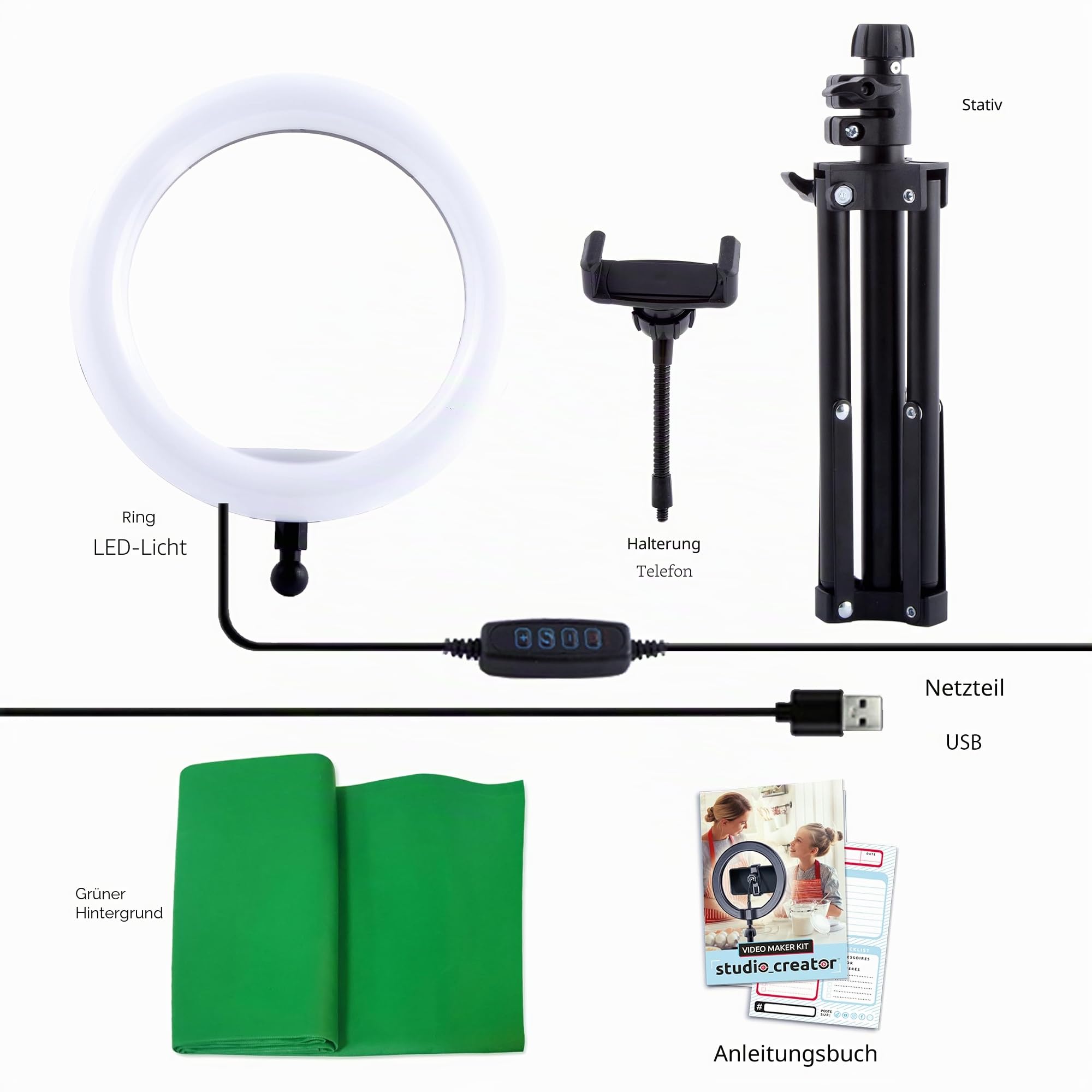 Canal Toys - Studio Creator Video Maker Kit - Selfie-Lichtring mit Stativ & Smartphone-Halter - Mikrofon mit Geräuschreduzierung - Vlogging/Podcast Set ab 8 Jahren - 3X AAA (Nicht inkl.) - INF 001