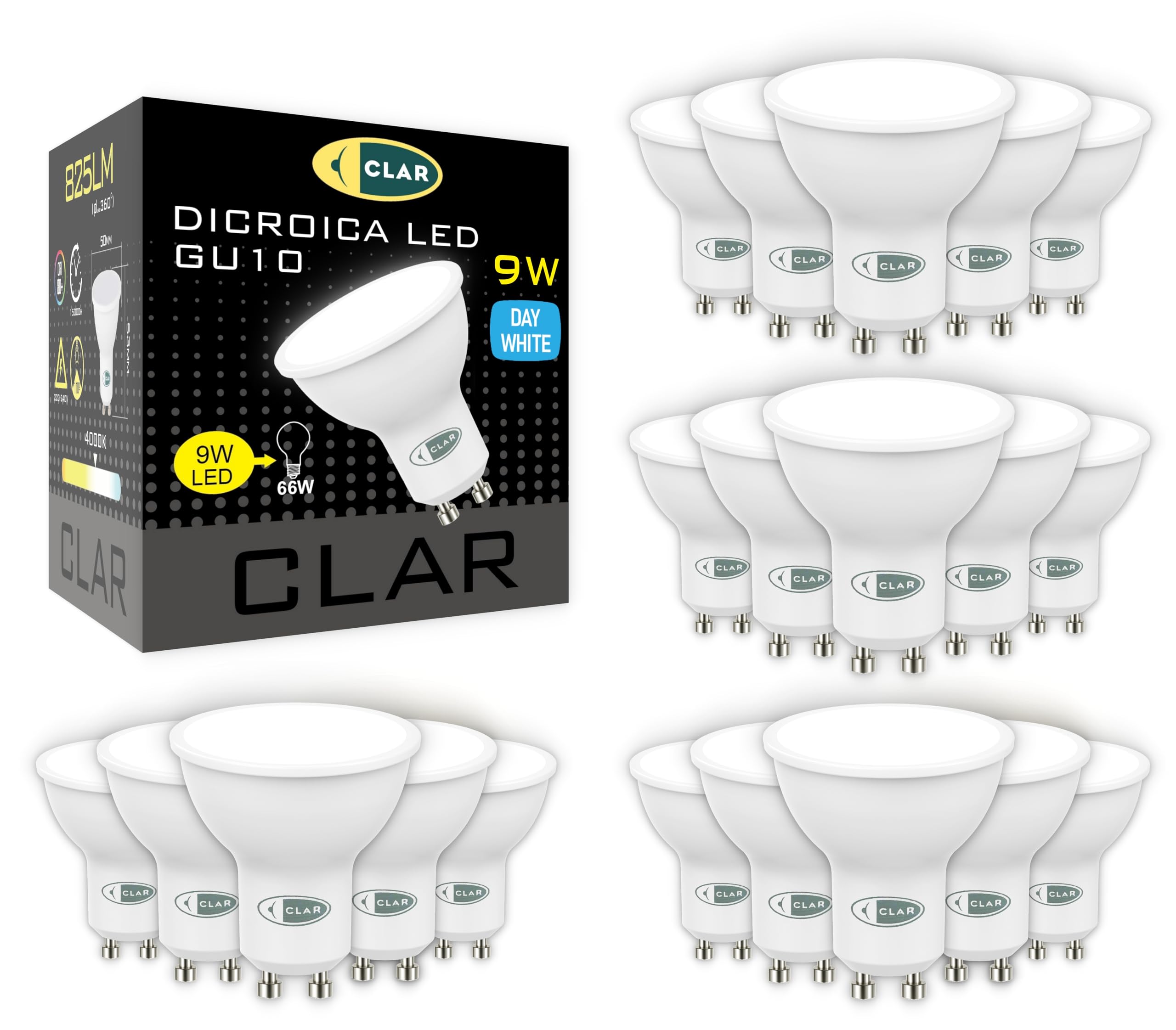 CLAR - Ampoule LED GU10 9W, lumière naturelle 4000K (Pack 20)
