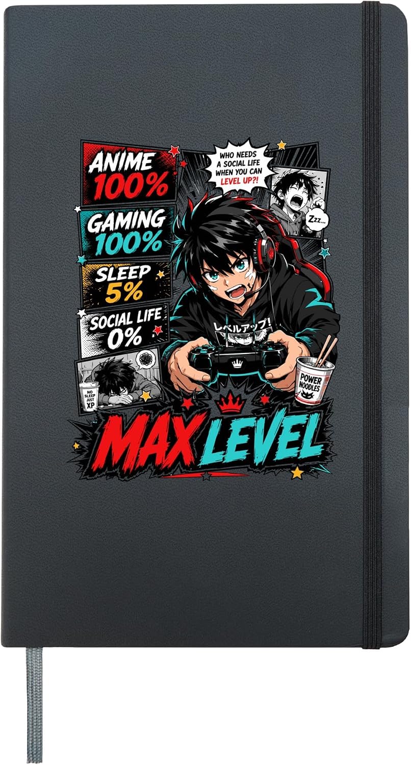 Anime Gaming Max Level Funny Kawaii Otaku Gamer Men Teen Boy Hardcover Journal, Black