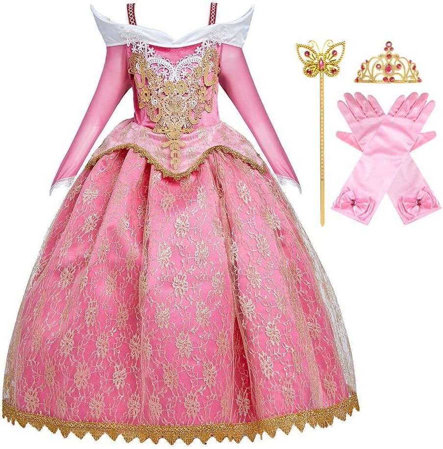 Girls Aurora Princess Dress Sleeping Beauty Fancy Dress Up Halloween Christmas Birthday Party Gown (w/Accessories)