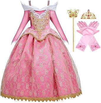 FMYFWY Girls Aurora Princess Dress Sleeping Beauty Fancy Dress Up Halloween Christmas Birthday Party Gown w/Accessories