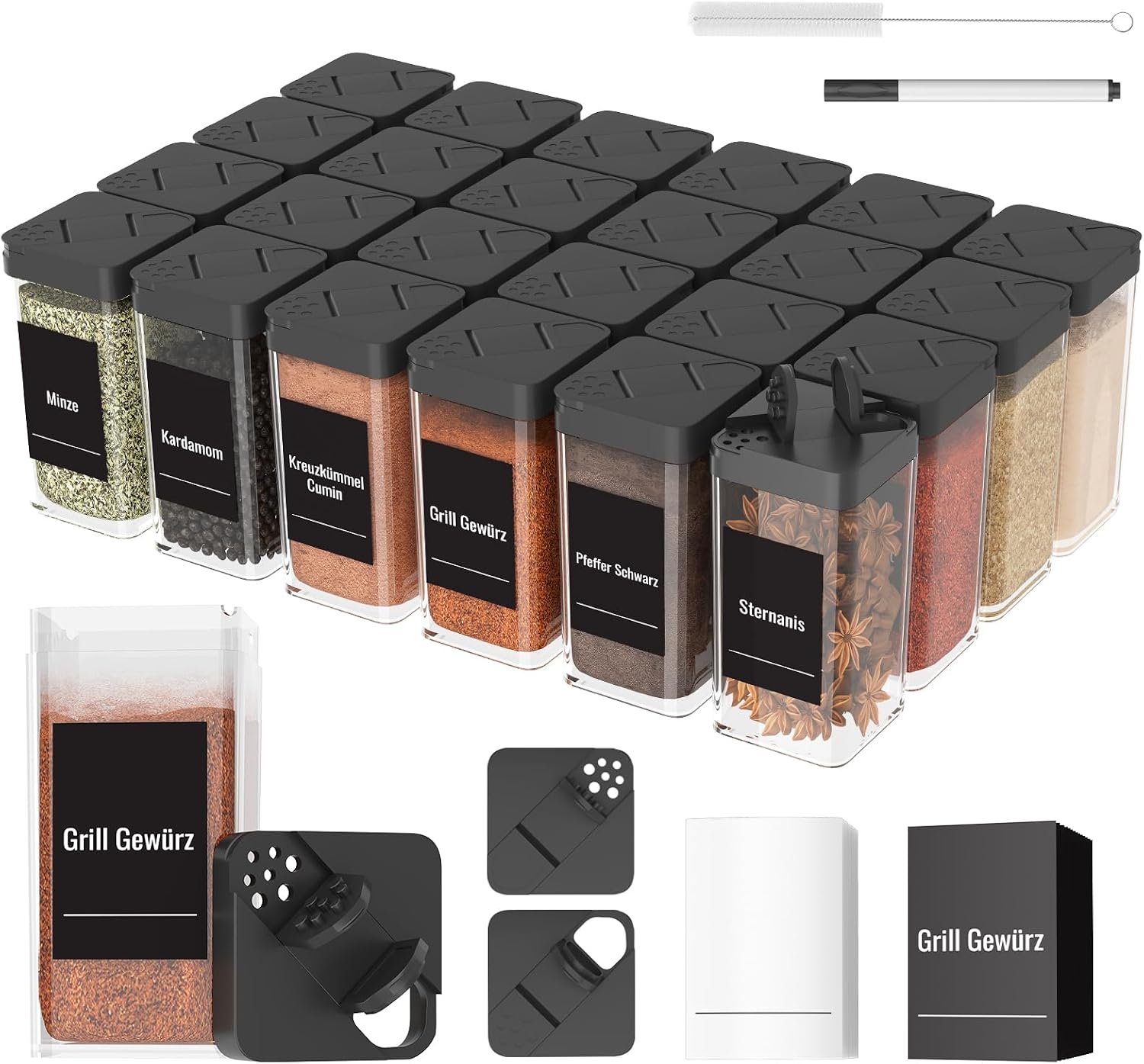 Spice Jars Square Set with Lid [24 x 120 ml] Sturdy Plastic Spice Shaker Airtight Spice Jars with Shaker Insert Spice Jars with 120 Labels Spice Organiser Black
