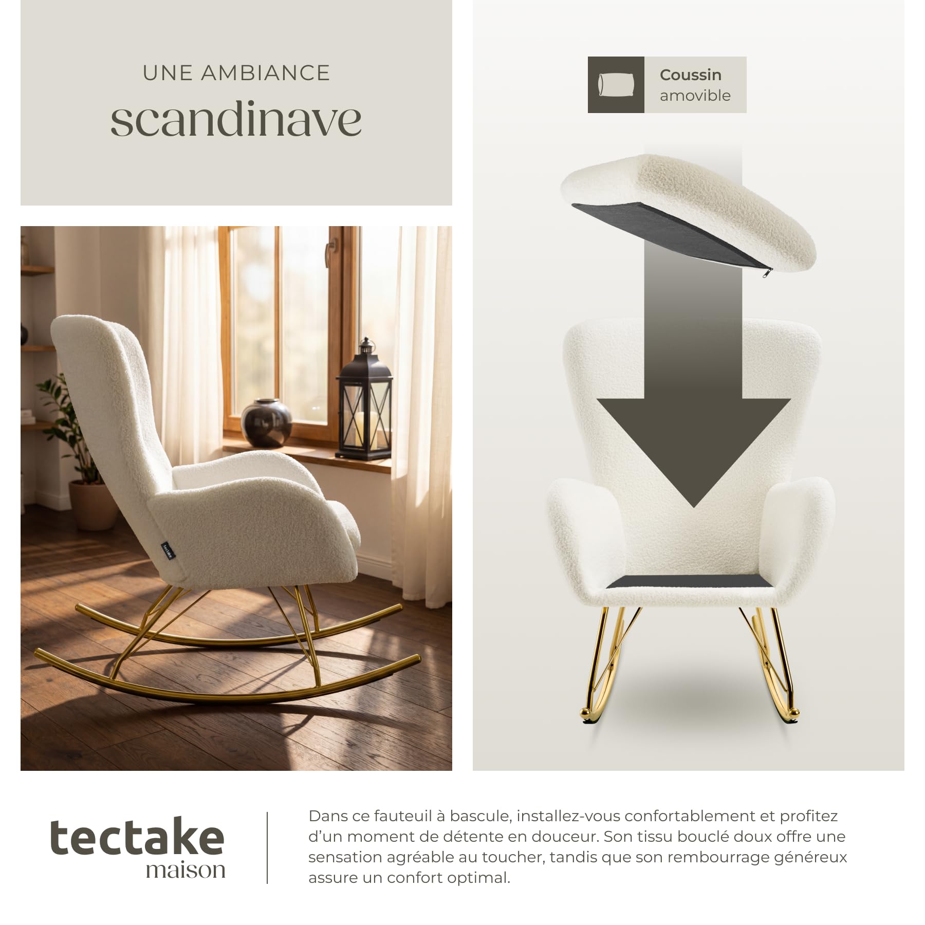 tectake® Rocking Chair Fauteuil à Bascule rembourée avec Accoudoirs Bouclette Cadre en Acier Fauteuil Salon Veranda, Chaise Ergonomique idéal Détente, Allaitement