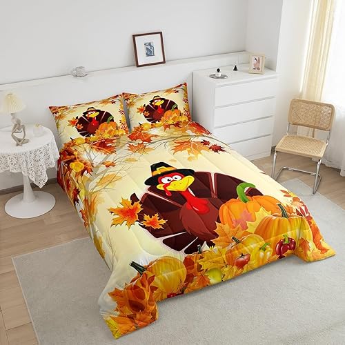 Miniatura 3 de Juego de edredón de pavo individual, edredón de feliz Acción de Gracias para niños y niñas, juego de edredón de calabaza de otoño, juego de edredón
