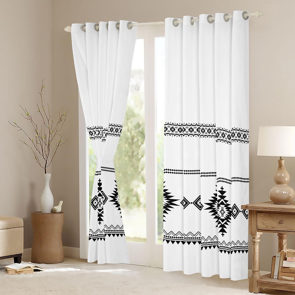 Homewish Rideau Occultant 140x245 cm Western Rideau Style Navajo Aztèque Rideaux Voilage Ferme Boho Blanc Voilage Fenetre Motif Tribal Géométrique Sud-Ouest pour Chambre Salon