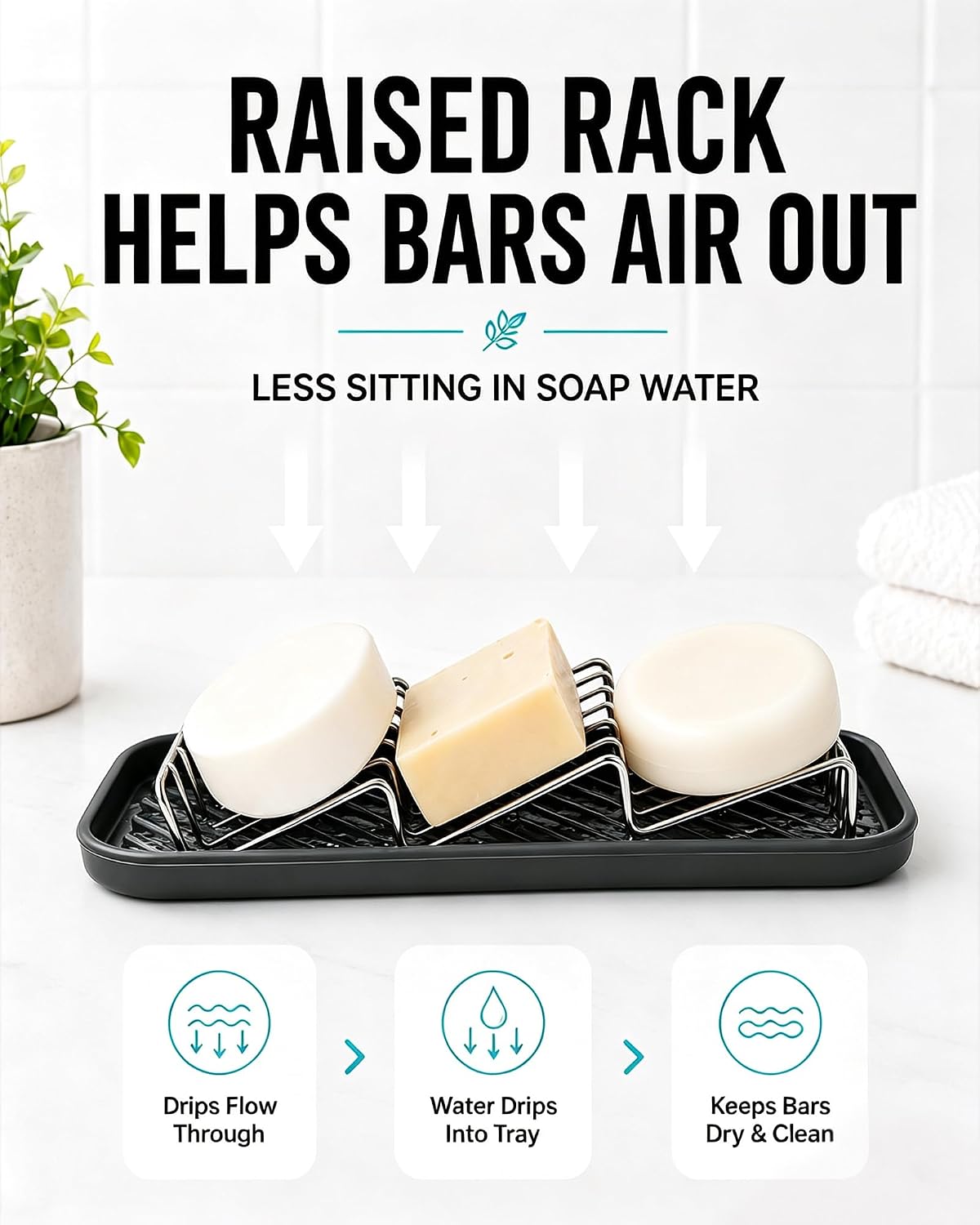 304 Stainless Steel Bar Soap Holder for Shower, 3 Bars Draining Soap Dish | Stainless steel rack , Silicone Tray, for shampoo ＆ conditioner bars, bathroom sink, shower shelf, and kitchen countertop