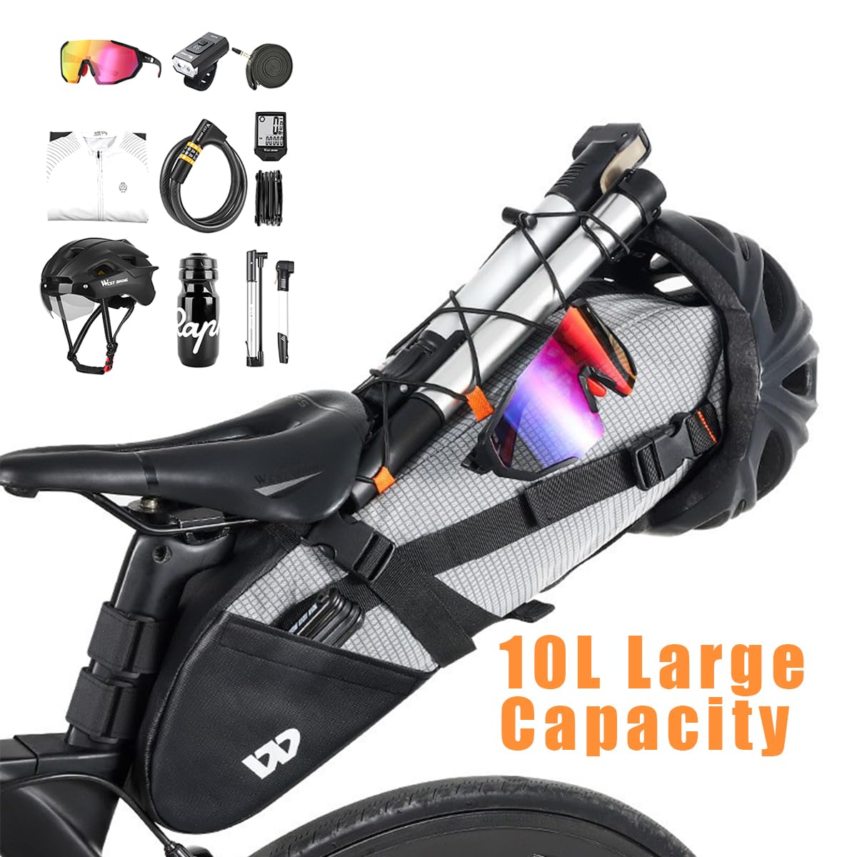 Bolsa Bicicleta, Sillin Bolsa Expandible, 10L Gran Capacidad, Diseño Impermeable para MTB