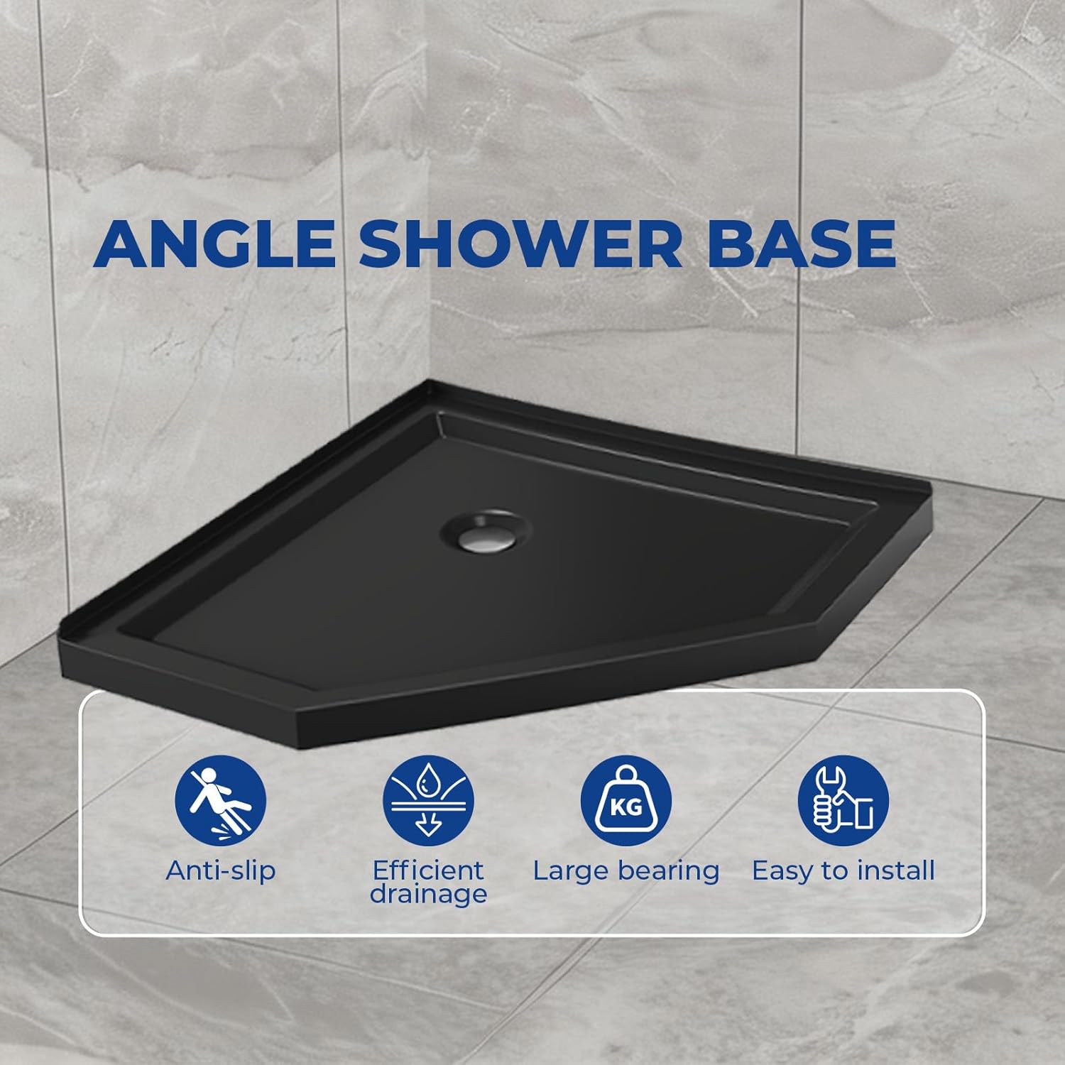 36 in. Corner Drain Neo-Angle Shower Base Black, Low-Profile Bathroom Shower Pan, 36x36 Size, No Drain Kit
