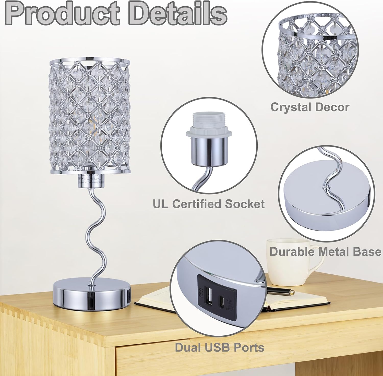 EOEYYOYB Crystal Table Lamp with 3 Way Dimmable Touch Control, Nightstand with USB A+C Ports, Modern Bedside Touch Lamp for Bedroom, Living Room, Office Reading, Silver