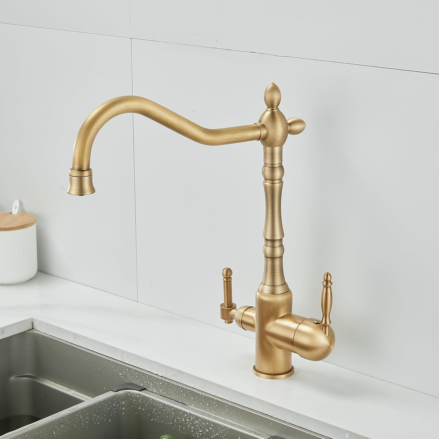 Kitchen Sink Faucet with 2 Handle Water Filter Purifier Drinking Water Faucets 360° Swivel Spout 1 Hole High Arc Mixer Tap RV Kitchen Sink Faucet Antique Brass