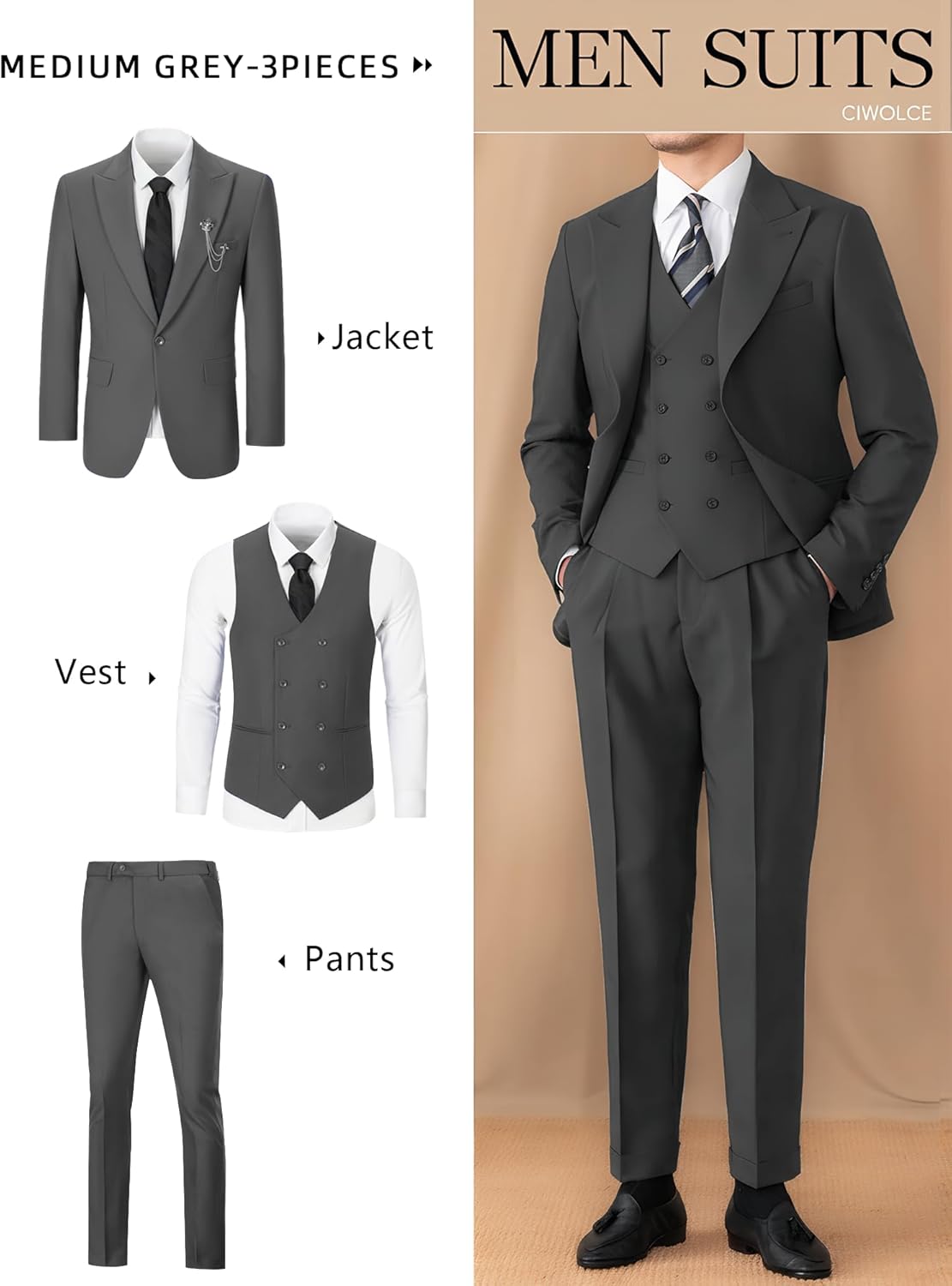 Suit for Men Wedding Slim Fit 3 Piece Set Blazer Jacket Vest Pants Tuxedo Suits for Groomsmen Business Prom Party Sport Coat - Image 6
