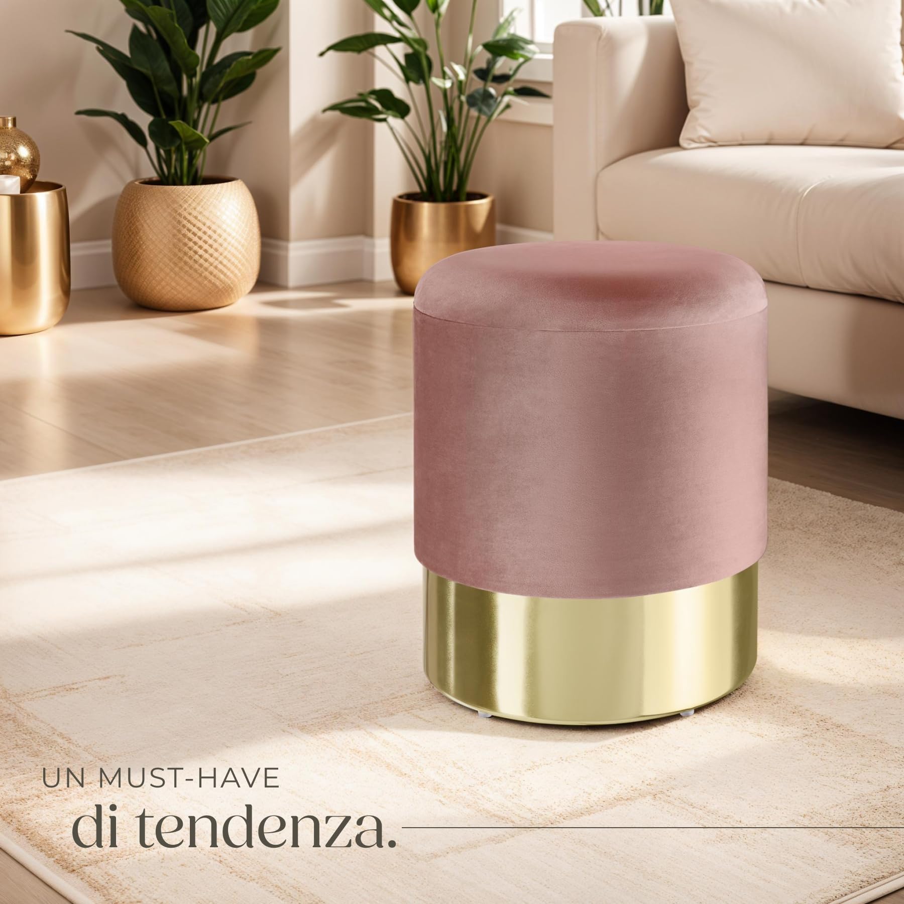 tectake® Sgabello Rotondo in Velluto, Con Scomparto Nascosto, Base in Acciaio Oro, Capacità di Carico 300 kg, Comfort Elevato, Design Elegante per Casa e Ufficio - Rosa