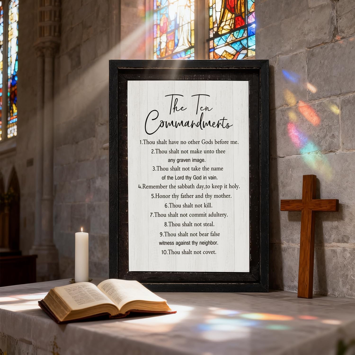 The Ten Commandments Rustic Bible Verse Framed Wall Art, 16''×23'' Positive Religious Christian Saying Sign, Vintage Horizontal Holy Inspirational Catholic Scripture Decor for God Jesus Christ Prayer