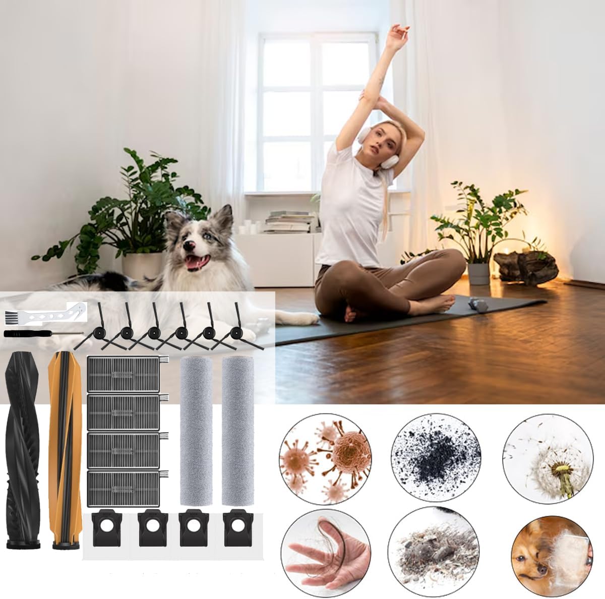 20 Pack Replacement Accessories Kit Compatible with Mova Z60/Z60 Ultra Dreame Aqua10 Ultra Robot Vacuum,2 Main Brush, 2 Mop Roller, 4 Vacuum Bags, 4 Hepa Filter,6 Side Brushes, 2 Cleaning Tools