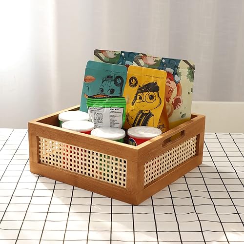 Miniatura 2 de YAHUAN Cesta de madera tejida de madera para almacenamiento, cesta de bambú con asas integradas para despensa de cocina, gabinete, oficina,