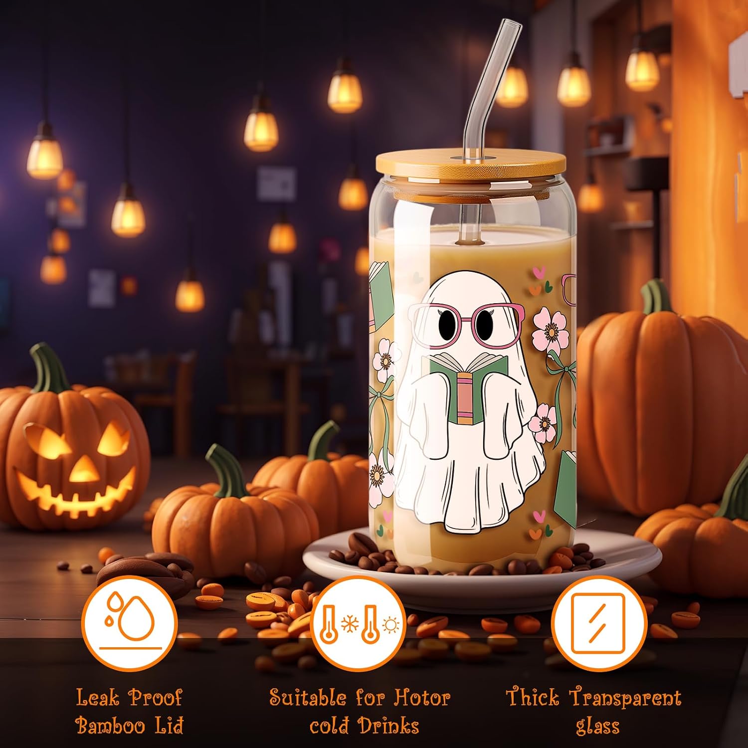 Halloween Ghost Glass Cups, with Lid and Straws, 16 oz, Boo Basket Stuffers
