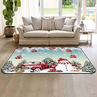 Teal Christmas Area Rugs for Living Room/Bedroom, Indoor Outdoor Rugs, Xmas Snowman Truck Tree Balls Area Rug Throw Carpet Non Slip Bathroom Rug Floor Mats Kitchen Runner Rugs 2'7"x5'