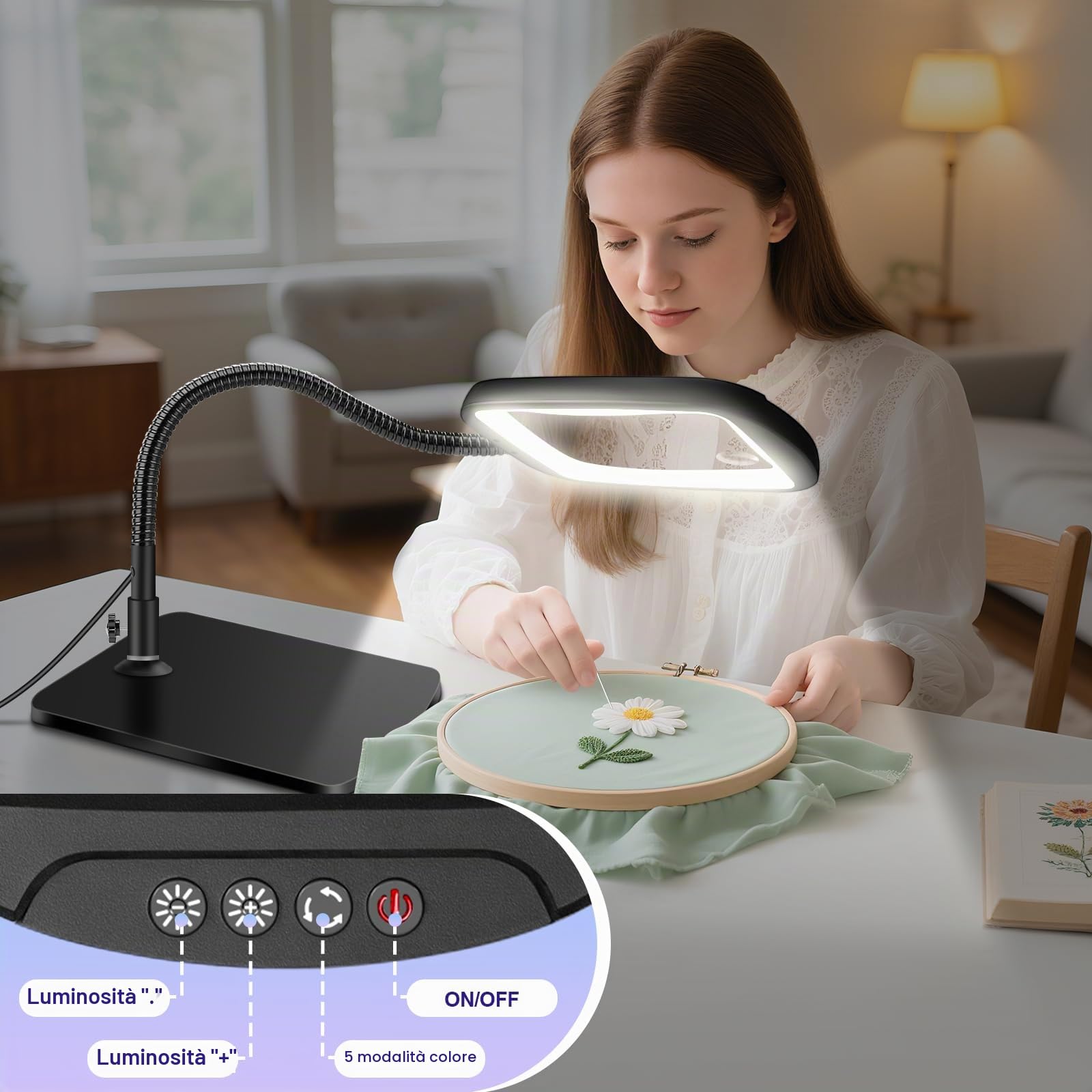 NZQXJXZ 10x Lente Ingrandimento con Luce con Luce e Supporto, 5 Modalità Colore Dimmerabili Lampada Lente Ingrandimento, Lampada ingrandimento per Diamond Painting, Lettura, Riparazione, Artigianato